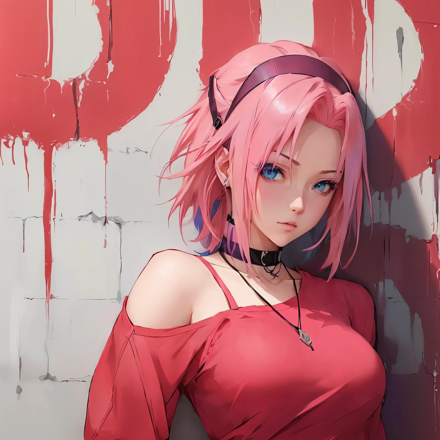 anime girl with pink hair and blue eyes leaning against a wall, anime style 4 k, anime style. 8k, sakura haruno, anime styled digital art, haruno sakura, anime style portrait, seductive anime girl, badass anime 8 k, anime style illustration, realistic anime artstyle, artwork in the style of guweiz, made with anime painter studio