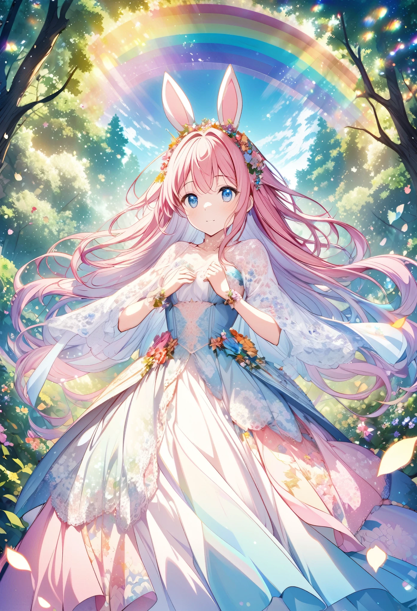 “Create an AI illustration of an anime-style character with pink hair and blue eyes, adorned with bunny ears and floral decorations. The character wears a flowing dress with special lace detailing, transitioning from white to blue, decorated with flower patterns and petals, set against an ethereal forest background with beams of light filtering through the trees and floating colorful leaves.rainbow”