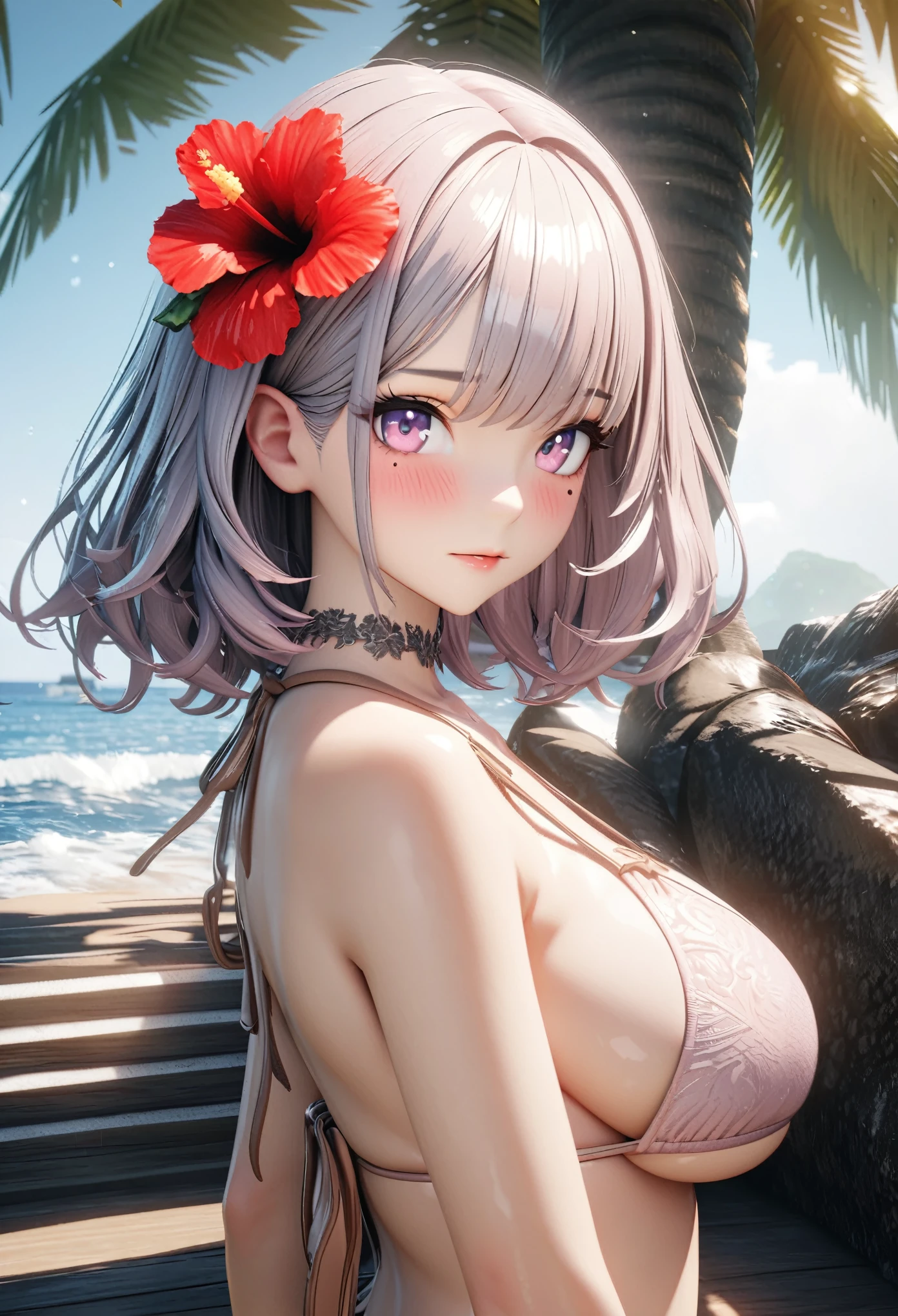 masterpiece,highest quality, Very detailed, High resolution, expensive resolution, High resolution, 4K, 8k, unity 8k wallpaper, Very detailed CG, masterpiece, 2D, 3D, Beautiful details, depth, Fine texture , highest quality: 1.3, Fully focused, Crispy.skin, .he,
Very cute anime girl 、Bikini、Large Breasts、ピンクのセミロングヘア wearing expensive , One Girl、Palm tree、Seaside, Mole under the eye, looking at the viewer , expensive , blush, Mole, Lips parted, Hibiscus hair accessory, heart, Pink Eyes, choker