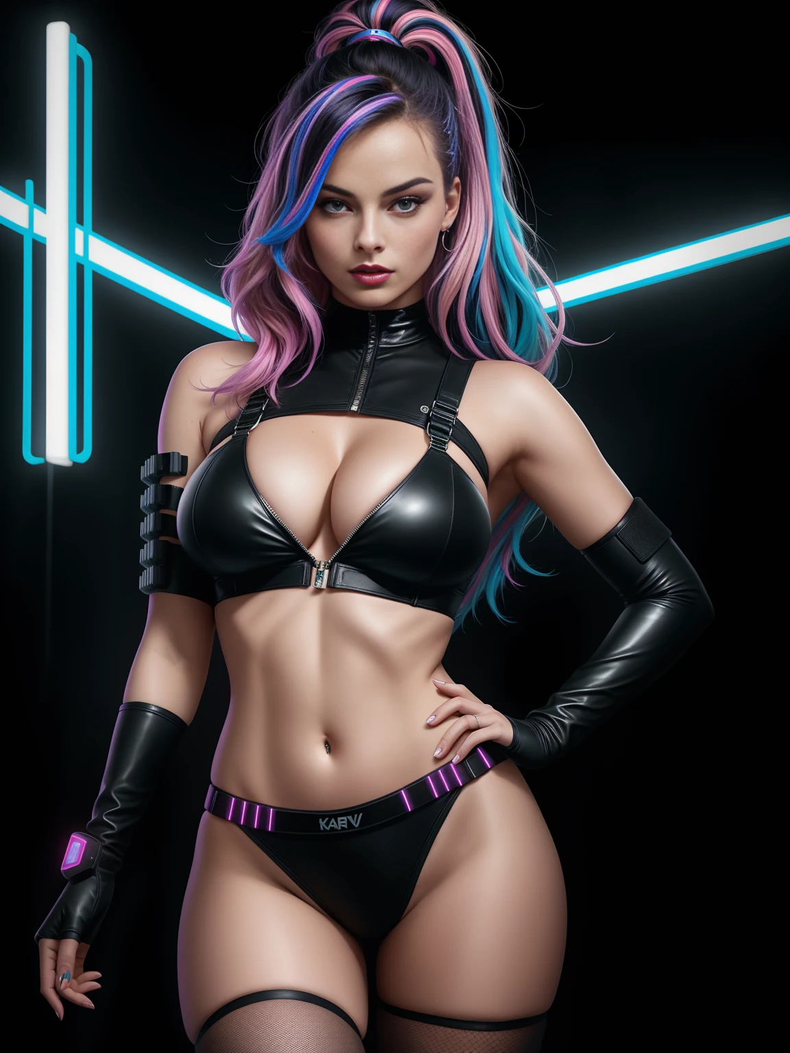 there is Margot Robbie, royal blue and bright purple neon streaked hair, hair in pony tail, 3 d neon art of a womans body, neon-noir background, cyberpunk femme fatale, seductive cyberpunk dark fantasy, cyberpunk strip clubs, cyberpunk 20 y. o model girl, oppai cyberpunk, banner, high definition cgsociety, cgsociety masterpiece, trending on cgstation, kda, random hair, looking at camera, gigantic breasts, cleavage, (high detailed skin:1.2), 8k uhd, dslr, super lighting, high quality, film grain, high res, highly detailed, hyper realistic, beautiful face, beautiful body, beautiful eyes nose lips, alluring expression, very bold, upper visible, full body photo, standing legs apart, pale translucent glowing skin, most beautiful face, cute, (well defined pubic hair:1.2)), (dark plain black background:1.4))