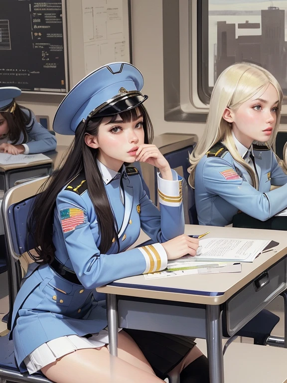 superflat, flat shading, flat colors, (masterpiece:1.2, best quality), (closeup), (2women:1.4), teen, slim, (white military outfit), pleated skirt, military hat, space cadet, sitting by desk, in classroom, put head on hand, bored, classmates in background, (spaceship interiors), futuristic, cosmos, watercolor