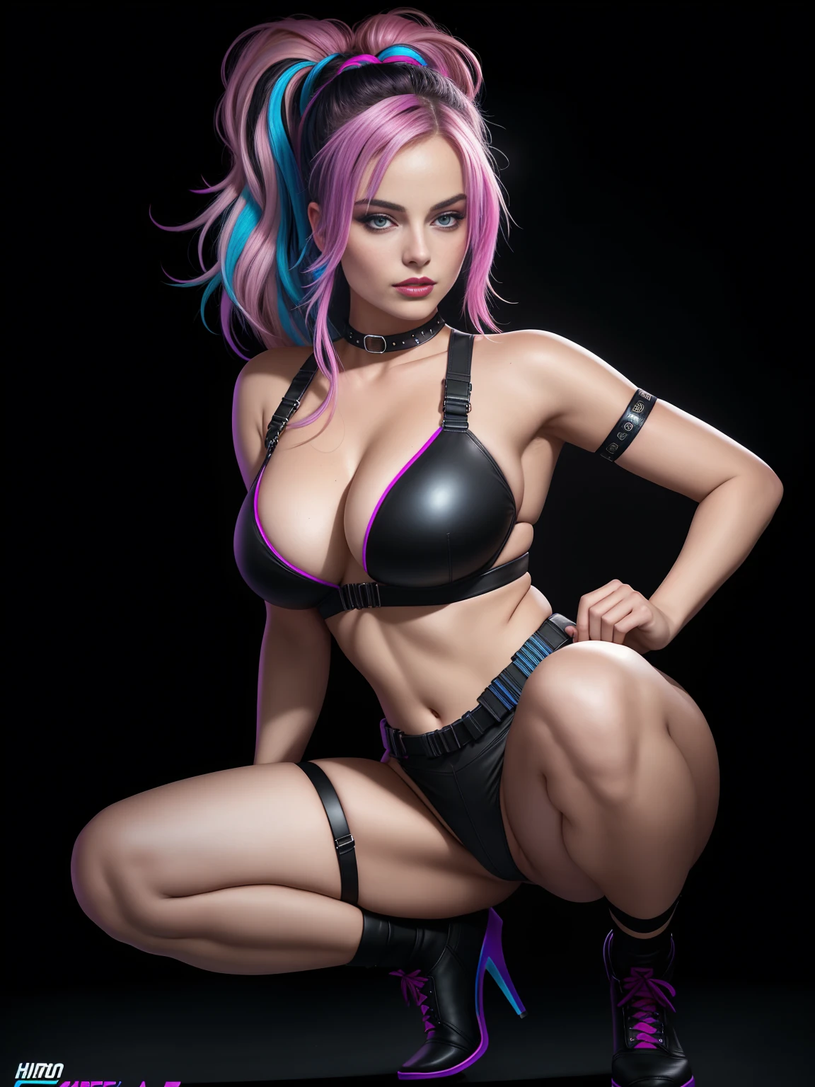 there is Margot Robbie squatting, royal blue and bright purple neon streaked hair, hair in pony tail, 3 d neon art of a womans body, neon-noir background, cyberpunk femme fatale, seductive cyberpunk dark fantasy, cyberpunk clubs, cyberpunk 20 y. o model girl, oppai cyberpunk, banner, high definition cgsociety, cgsociety masterpiece, trending on cgstation, kda, random hair, looking at camera, gigantic breasts, cleavage, (high detailed skin:1.2), 8k uhd, dslr, super lighting, high quality, film grain, high res, highly detailed, hyper realistic, beautiful face, beautiful body, beautiful eyes nose lips, alluring expression, very bold, upper visible, full body photo, standing legs apart, pale translucent glowing skin, most beautiful face, cute, (well defined pubic hair:1.2)), (dark plain black background:1.4))