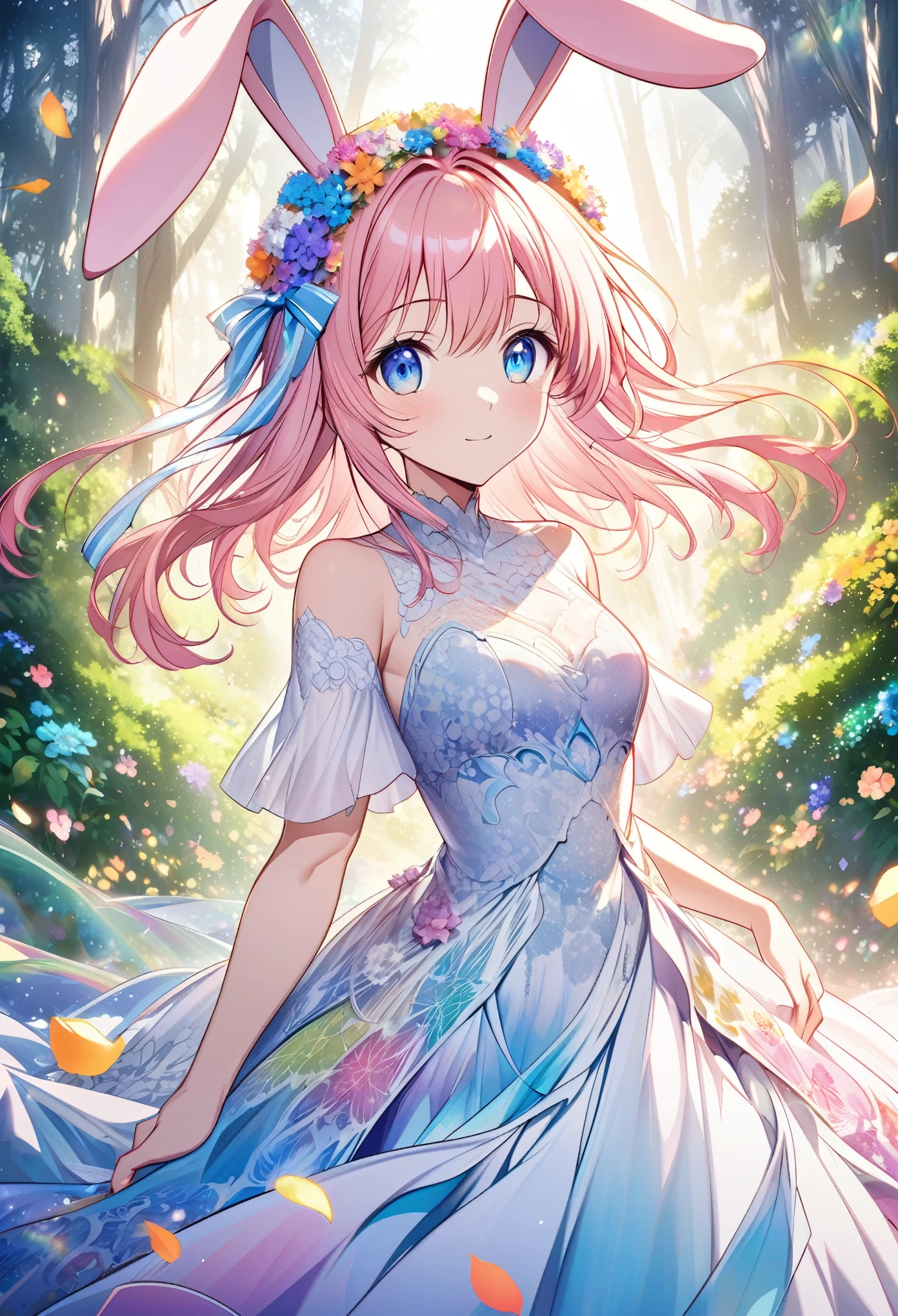 “Create an AI illustration of an anime-style character with pink hair and blue eyes, adorned with bunny ears and floral decorations. The character wears a flowing dress with special lace detailing, transitioning from white to blue, decorated with flower patterns and petals, set against an ethereal forest background with beams of light filtering through the trees and floating colorful leaves.rainbow”
