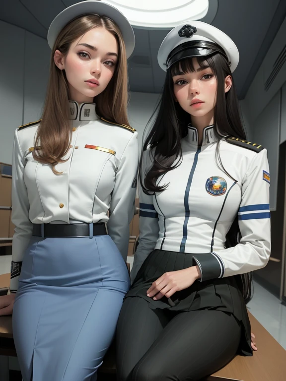 superflat, flat shading, flat colors, (masterpiece:1.2, best quality), (closeup), (2women:1.4), teen, slim, (white military outfit), pleated skirt, military hat, space cadet, sitting by desk, in classroom, put head on hand, bored,  classmates in background, (spaceship interiors), futuristic, cosmos, watercolor