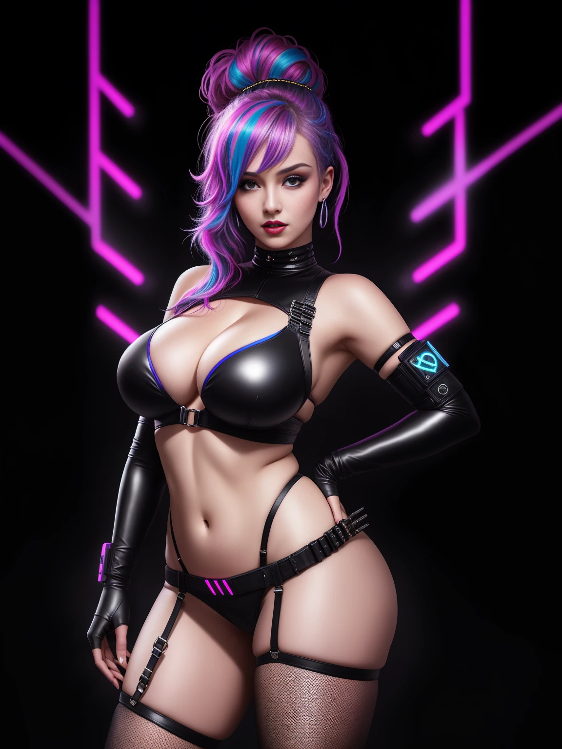 there is Marilyn Monroe, royal blue and bright purple neon streaked hair, hair in pony tail, 3 d neon art of a womans body, neon-noir background, cyberpunk femme fatale, seductive cyberpunk dark fantasy, cyberpunk strip clubs, cyberpunk 20 y. o model girl, oppai cyberpunk, banner, high definition cgsociety, cgsociety masterpiece, trending on cgstation, kda, random hair, looking at camera, gigantic breasts, cleavage, (high detailed skin:1.2), 8k uhd, dslr, super lighting, high quality, film grain, high res, highly detailed, hyper realistic, beautiful face, beautiful body, beautiful eyes nose lips, alluring expression, very bold, upper  visible, full body photo, standing legs apart, pale translucent glowing skin, most beautiful face, cute, (well defined pubic hair:1.2)), (dark plain black background:1.4))