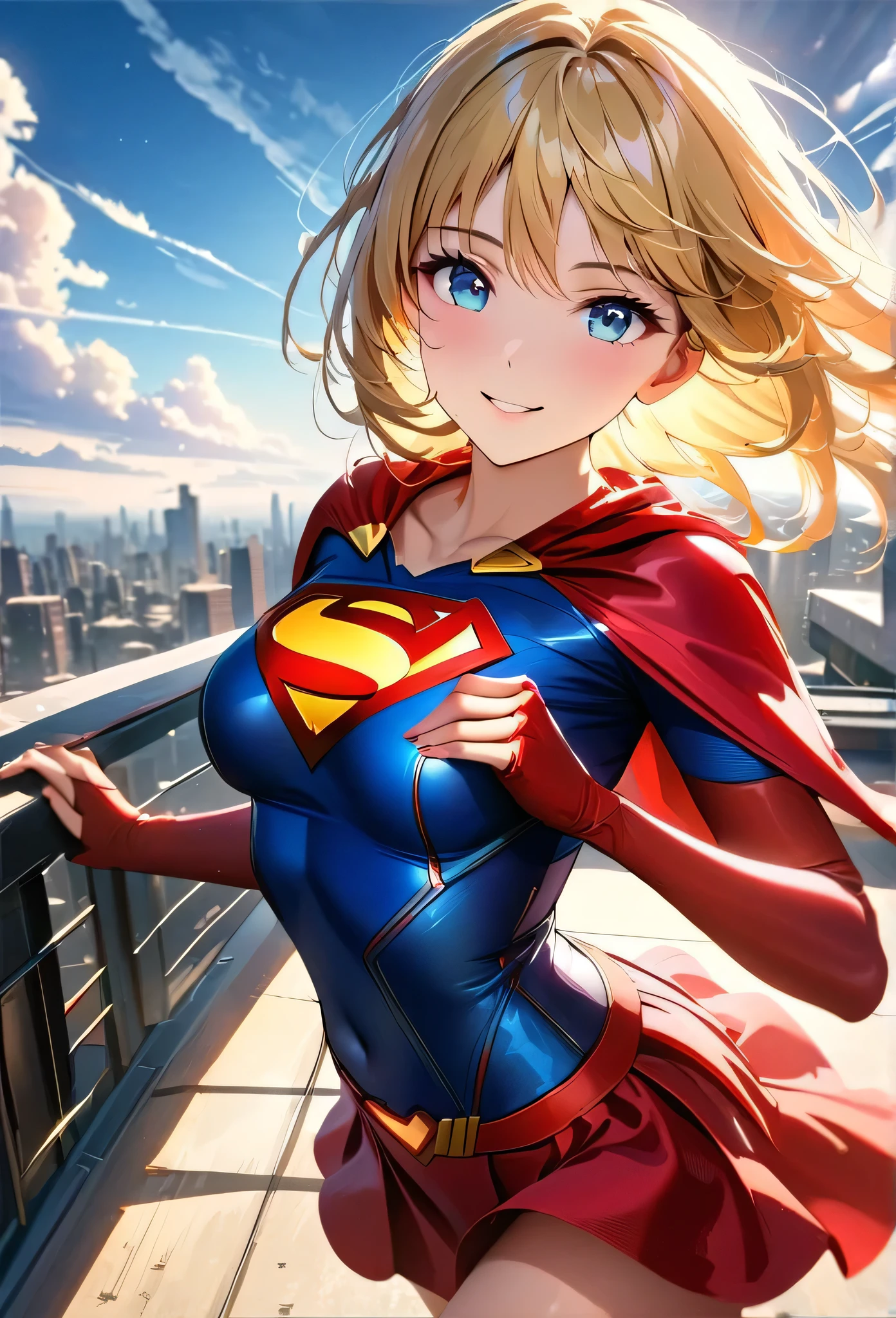 masterpiece, 4k, 8k, high quality, highly detailed, detailed face, HDR, vivid colors, natural lighting, Best Shadows, Shallow Depth of Field, Portrait of (Supergirl:1.1) standing on a rooftop, smiling, red skirt, red cape, red boots with heels, delicate, alluring blue eyes, lovely medium breasts, blonde, (Superman symbol on chest:1.2), bare legs, open navel, blue sky, sunlight, clouds, sun, bloom,