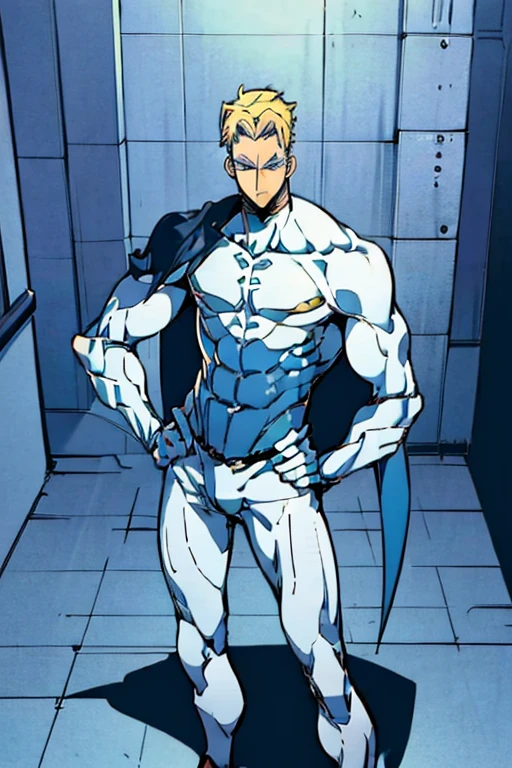 ((Masterpiece, Best Quality, 2d, anime)), (1 boy, Solo: 2) superhero white suit, blond, hands on hips, blue cape, hanajima_megumi, hallway,