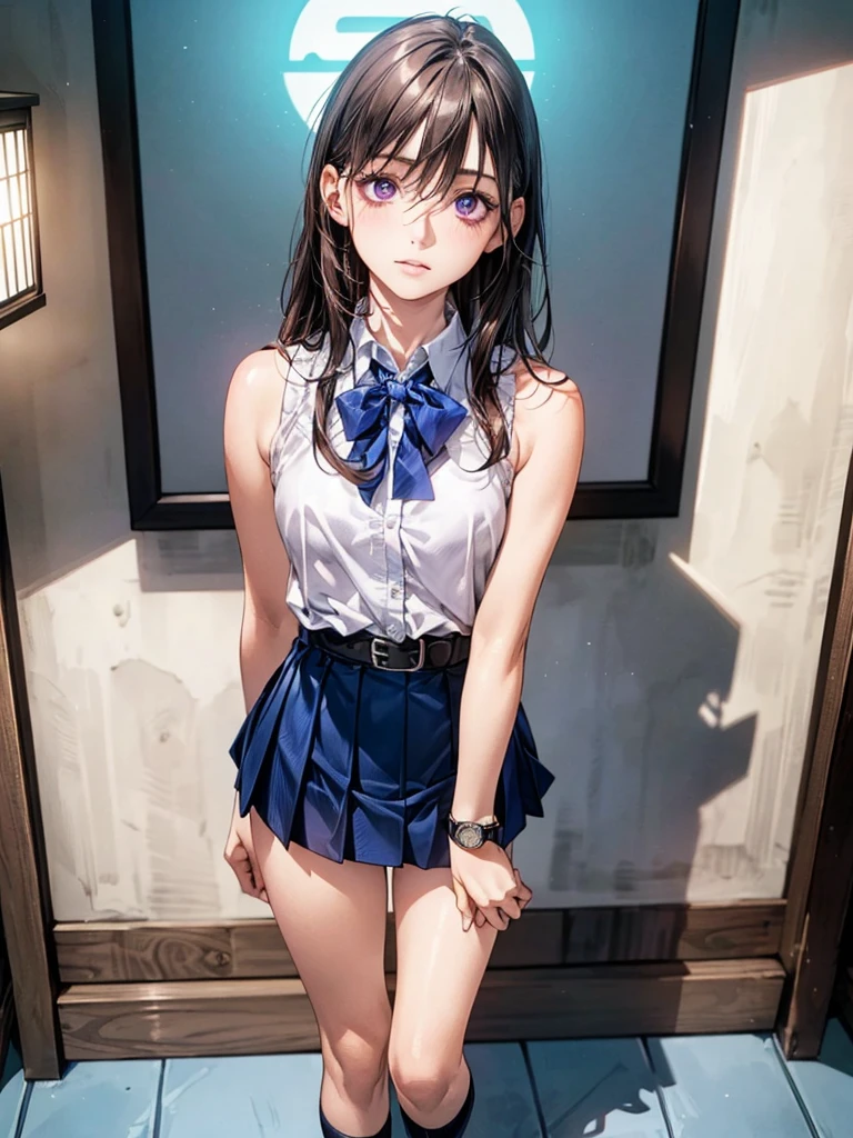 (masterpiece:1.2, highest quality), (Realistic, photoRealistic:1.4), Beautiful illustrations, (Natural Side Lighting, Cinema Lighting), Browsing Caution, View your viewers, 1 girl, Japanese, high school girl, Perfect Face, Cute and symmetrical face, Shiny skin, (Long Hair:1.5, Straight hair:1.4, Black Hair), Hair between the eyes, Purple eyes, Glowing Eyes, Big eyes, Long Eyelashes, (Small breasts:1.5), thin, (((watch;1.5))) ,Beautiful Hair, Beautiful Face, Beautiful fine details, Beautiful clavicle, Beautiful body, Beautiful breasts, Beautiful thighs, Beautiful feet, Beautiful fingers, ((Japanese , White sleeveless collared shirt, Blue ultra-mini skirt:1.2)), ((Brown belt:1.2)) ,(Dark basement at night), ((Are standing:1.2)), (I'm drunk and have severe hiccups:1.6),((Full Body Shot)),((Front shot))