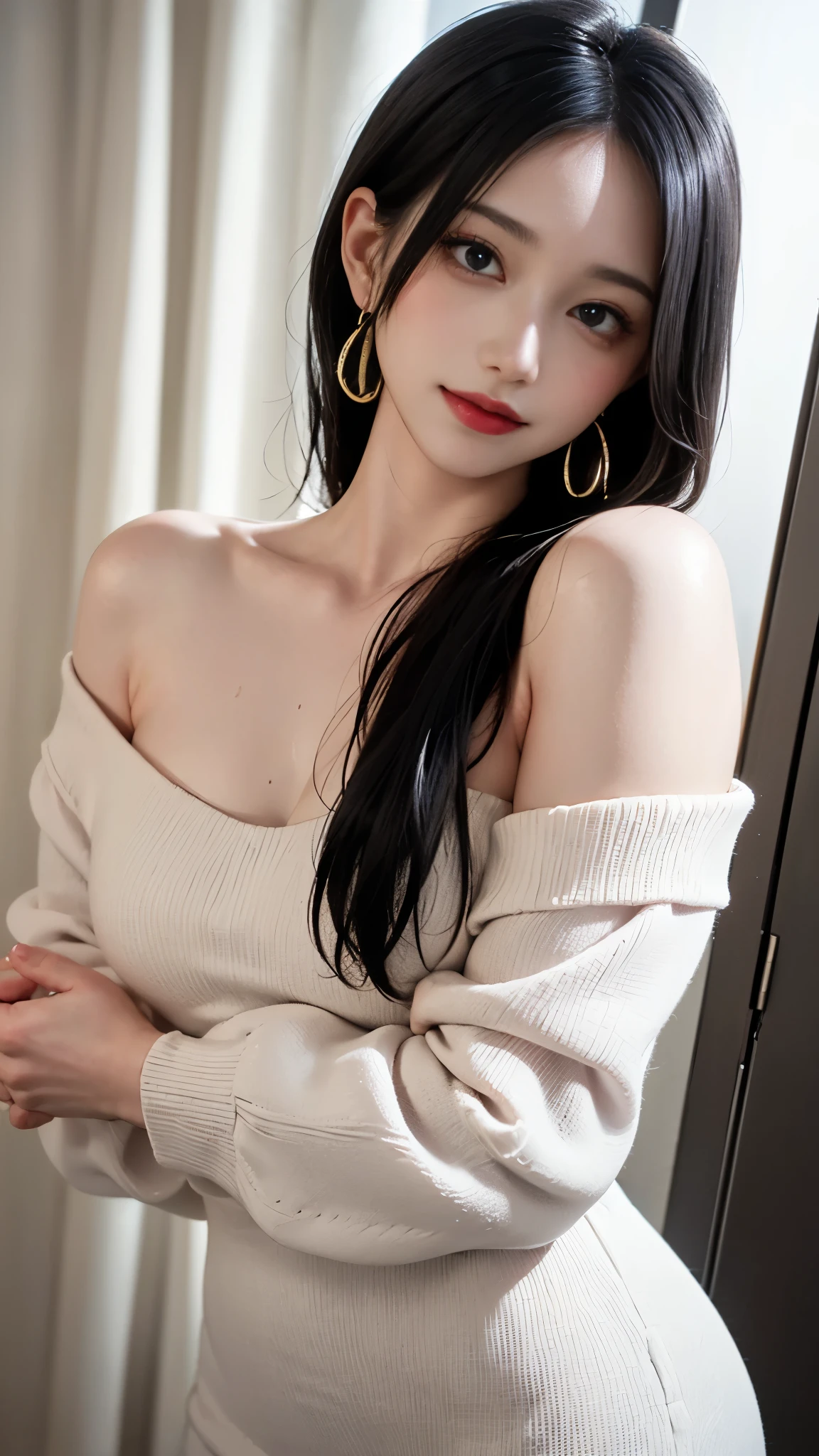 Mature Woman, Beautiful woman、(Sweat,vapor, Vulgarity), ((Tight white long maxi sweater dress))、Big cleavage、Tight clothing、(Full Shot, Red Makeup、Pink glossy lipstick)、Long Shot, Beautiful depiction、Knowledgeable person、Detailed Background、Quality people、High quality face、Ultra-high-definition animation、(Beautiful black hair:1.8)、Earrings、clavicle、Tight clothing, (((Off the shoulder、A pure white maxi dress that shows off your obscene body line.))), Background blur、Detailed Background、A late-night hotel room with a night view、smile、Put your hand over your mouth、At the door late at night、Outdoor