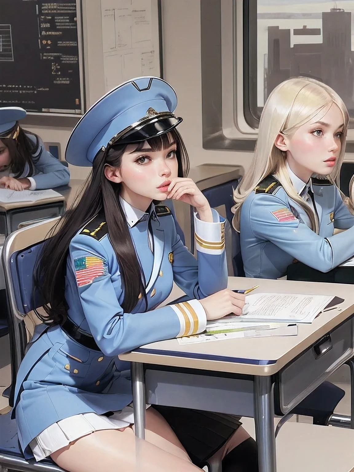 superflat, flat shading, flat colors, (masterpiece:1.2, best quality), (closeup), (2women:1.4), , slim, (white military outfit), pleated skirt, military hat, space cadet, sitting by desk, in classroom, put head on hand, bored, classmates in background, (spaceship interiors), futuristic, cosmos, watercolor