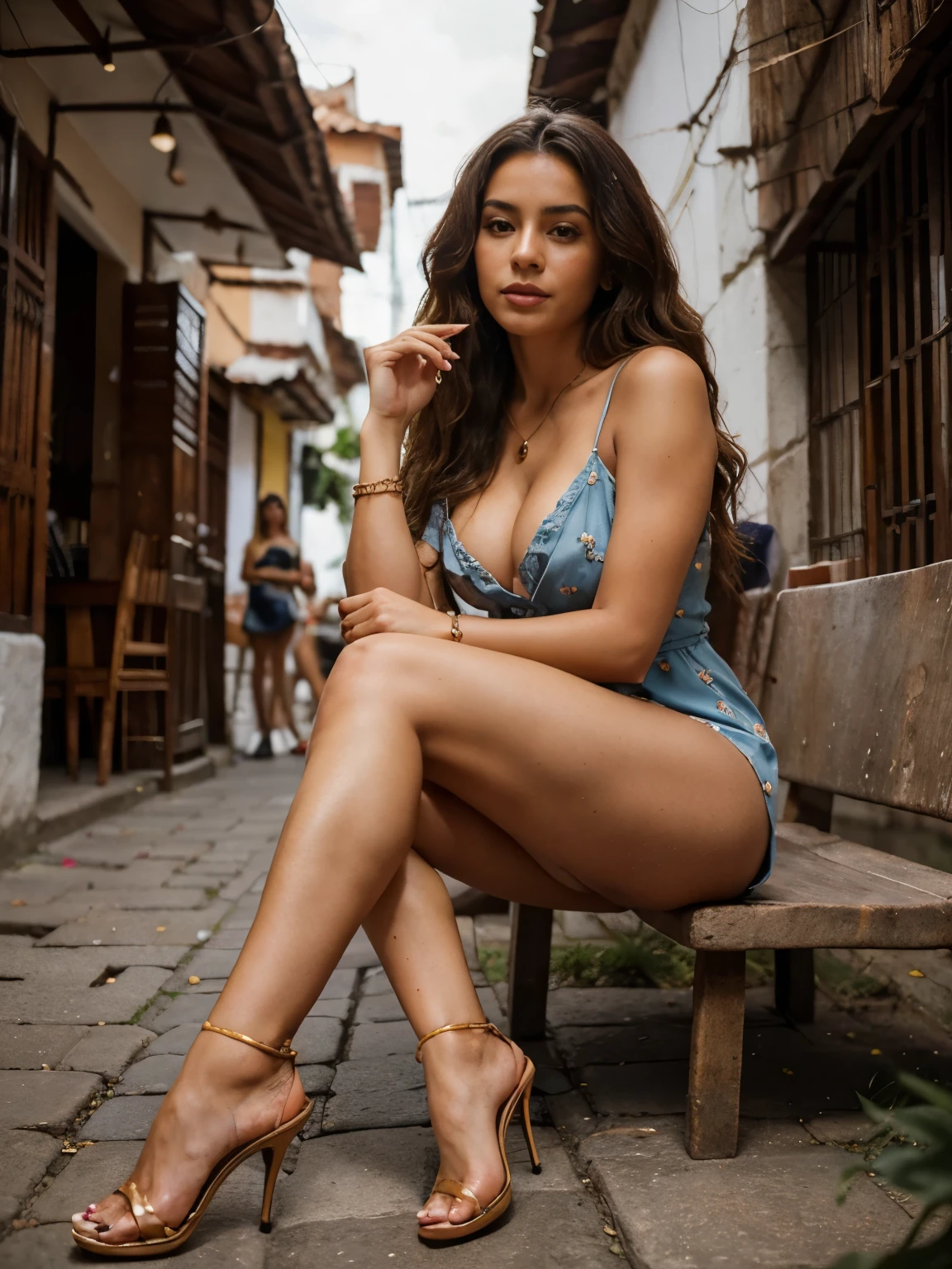 An intimate portrait of the influencer enjoying a traditional Colombian meal in Medellín, her hair styled in loose waves, wearing a chic and elegant wrap dress with statement jewelry and stylish heels, savoring the rich flavors and culture of Colombia's culinary scene. Slim fit body. F-Cup. Cleavage. Perfect face. Perfect fingers. Perfect hand. Perfect legs. Perfect feet. Capture the essence of the Colombian look and appearance. Sexy pose. Colombian skin color.