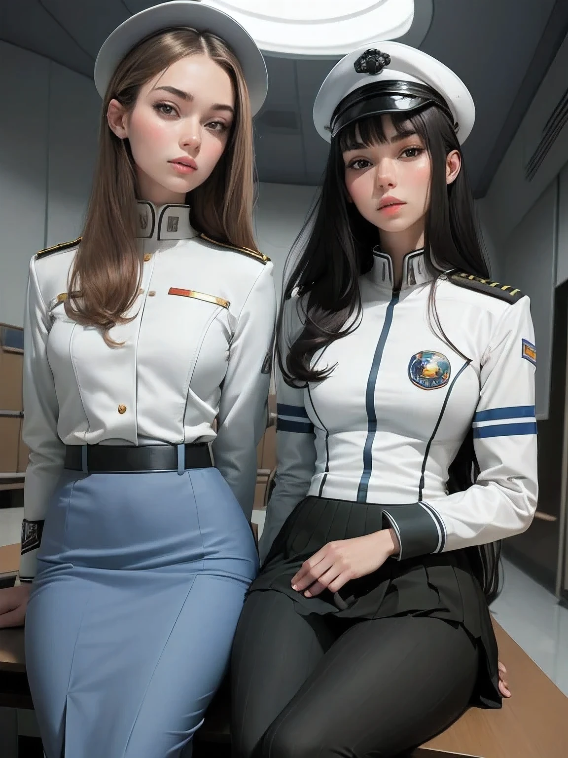 superflat, flat shading, flat colors, (masterpiece:1.2, best quality), (closeup), (2women:1.4), teen, slim, (white military outfit), pleated skirt, military hat, space cadet, sitting by desk, in classroom, put head on hand, bored,  classmates in background, (spaceship interiors), futuristic, cosmos, watercolor
