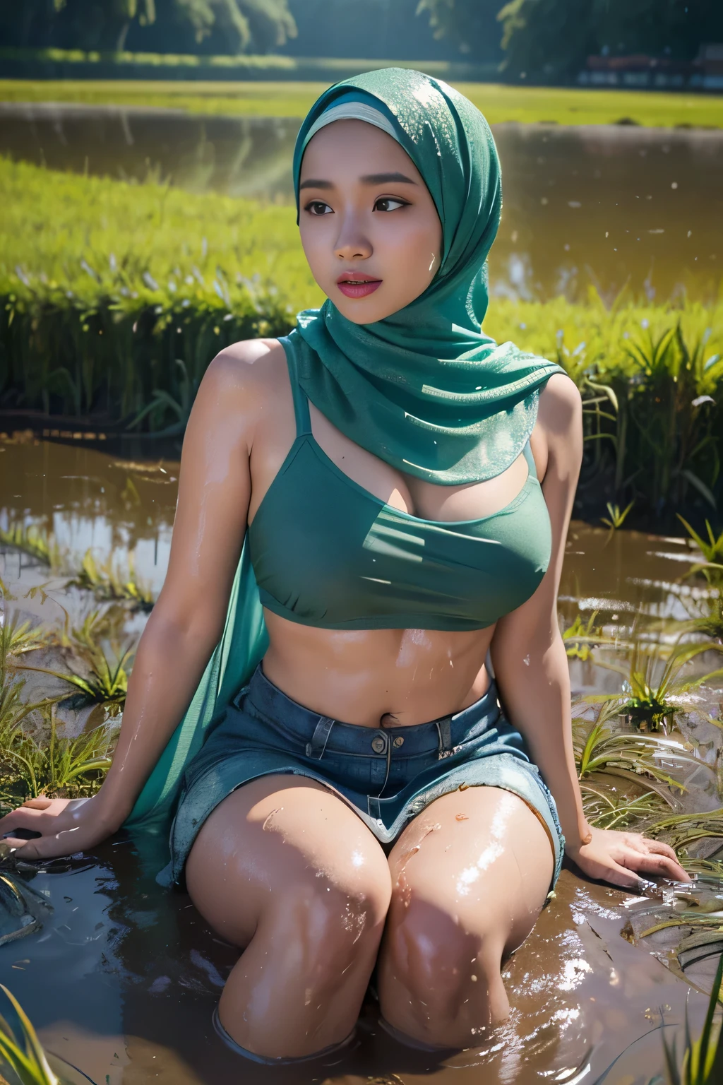 (best quality,highres,realistic:1.37), beauty Malay woman with hijab lying on the muddy paddy rice field, wet body soaked, big breasts, showing wet, wearing a bra and a mini skirt, ultra-detailed, vibrant colors, soft lighting, realistic textures, flowing hijab, serene expression