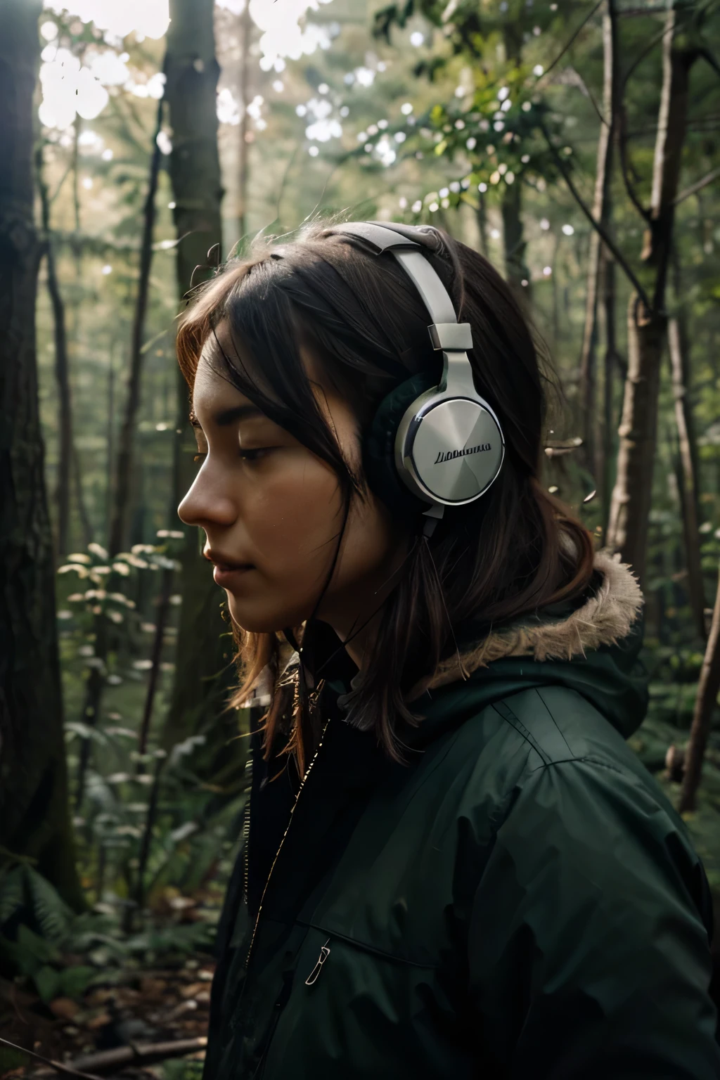 a person alone in the forest listening to music with headphones