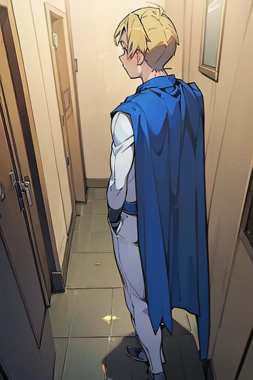 ((Masterpiece, Best Quality, 2d, anime)), (1 boy, Solo: 2) superhero white suit, blond, hands on hips, blue cape, hanajima_megumi, hallway, front view,