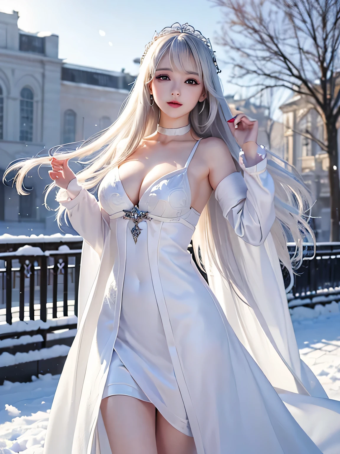 ((masterpiece:1.5、8k、Portrait、Photorealistic and very detailed CG、Very detailed、Particle Effects、Dynamic Effects、Written boundary depth、Cinematic Light、Lens flare、Ray Tracing、Tabletop、Realistic:1.4、超A high resolution:1.2、Realistic、Realistic))((alone、A woman wearing a white fur long coat:1.4、Elegant woman posing:、Detailed face、Bright expression、Younger, brighter, whiter skin、Ample breasts、Best Looks、The ultimate beauty、Silver hair with dazzling highlights、Shiny bright hair,、Super long, silky straight hair、hair dancing in the wind))(morning、The setting is outdoors in the snow, near a Christmas tree.)