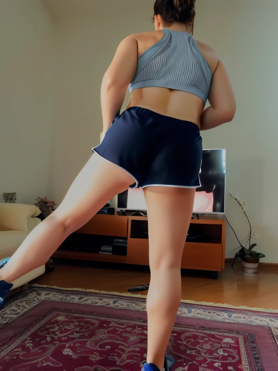 A beautiful light brunette woman in a sports bra and shorts standing in a living room in shorts, close-up of the back, view from the back, sports bra and dark blue shorts, view from the back, close-up of the back , very short pants, view from behind, photo from behind, views from behind, from the back, rear view, photo taken from the back, with tanned body, toned body, athletic body, ((((legs)))); sexy pose, extremely sexy, very sensual, shapely legs. She is about 36 years old, 1.62 tall, 60 kg, best quality, perfect face, perfect mouth, perfect hands, is standing, (full body) wearing a tank top (((grayish top))), blue shorts tight dark blue shorts (((dark blue shorts))), short blue shorts for gym training, well defined, her slightly plump and red lips look like a delicate flower. Slim body, slim waist. Her body exudes glamor and her face is the definition of beauty. Highly realistic, reddish skin, feeling of lightness and joy, hyper-realism, very elaborate skin. Sharp photo, high quality, high resolution (ultra quality masterpiece), Ultra HD, high contrast, 16K. Masterpiece: 1.3, high resolution, (photographically realistic), 8k, NUDE, NUDITY, NFSW.