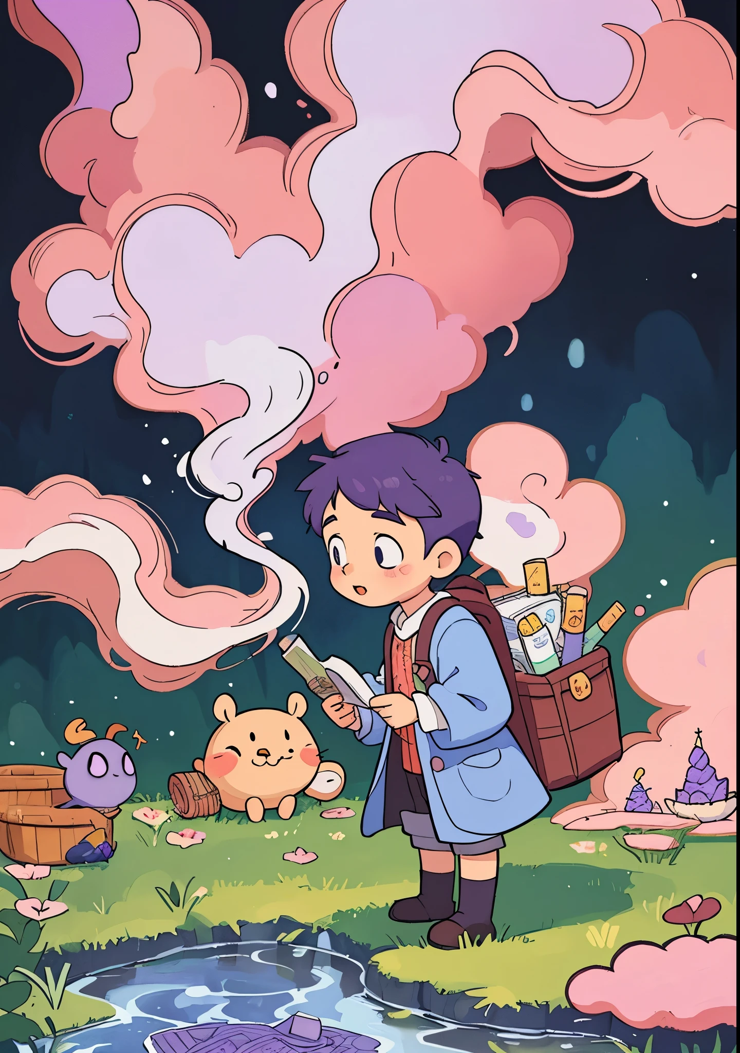 1 boy,solo, standerd oil painting art, solo,a storybook illustration (by Judith Brown), (tumblr), (lowbrow),paper art style,(shading ),oil painting of a boy,(holding a test ube),old style labrotory background ,cute storybook illustration,(noise effect),(there's pink color smoke spreading all aroun), (8 water colors), full-color illustration,fairytale, whole page illustration