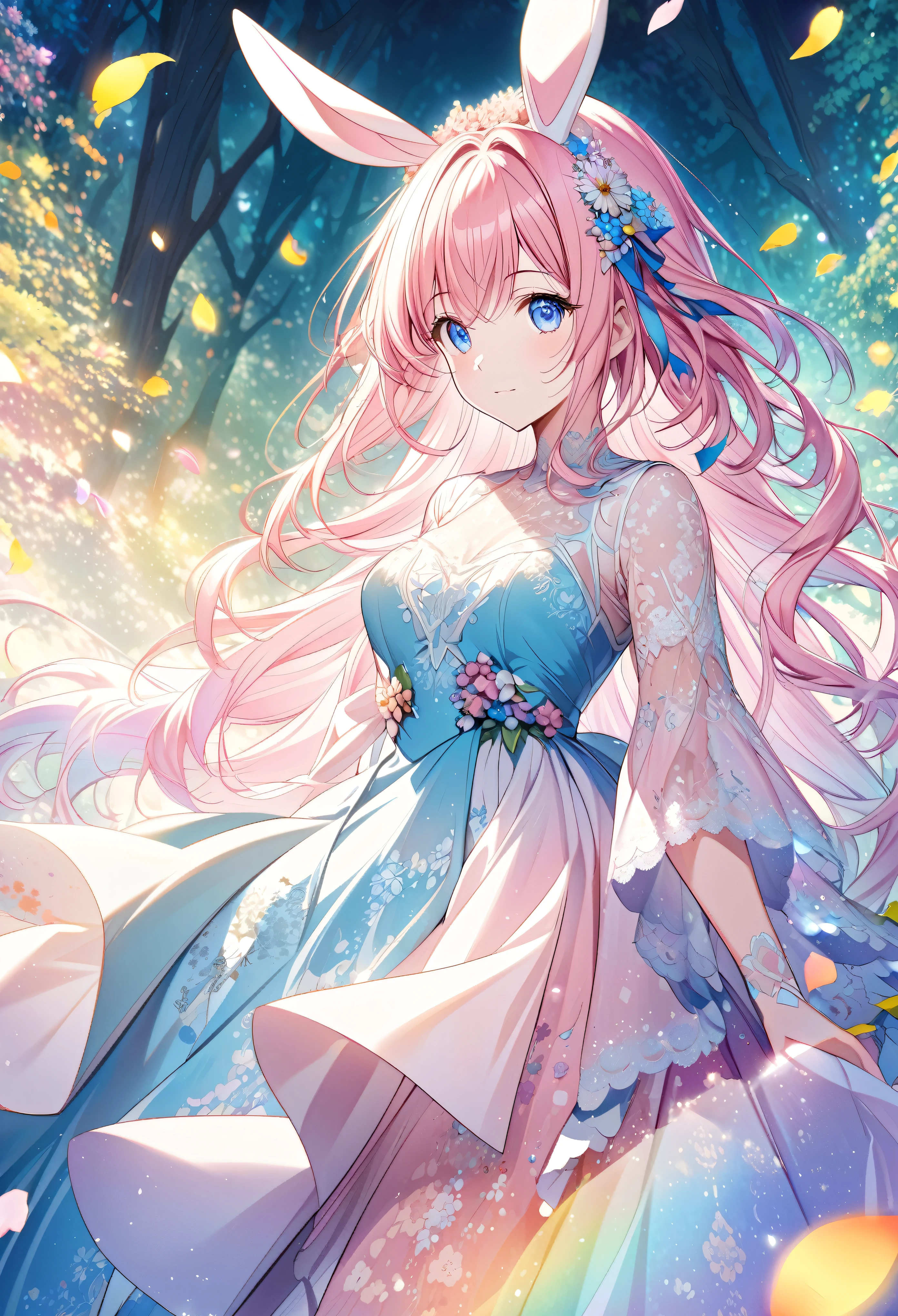 “Create an AI illustration of an anime-style character with pink hair and blue eyes, adorned with bunny ears and floral decorations. The character wears a flowing dress with special lace detailing, transitioning from white to blue, decorated with flower patterns and petals, set against an ethereal forest background with beams of light filtering through the trees and floating colorful leaves.rainbow”
