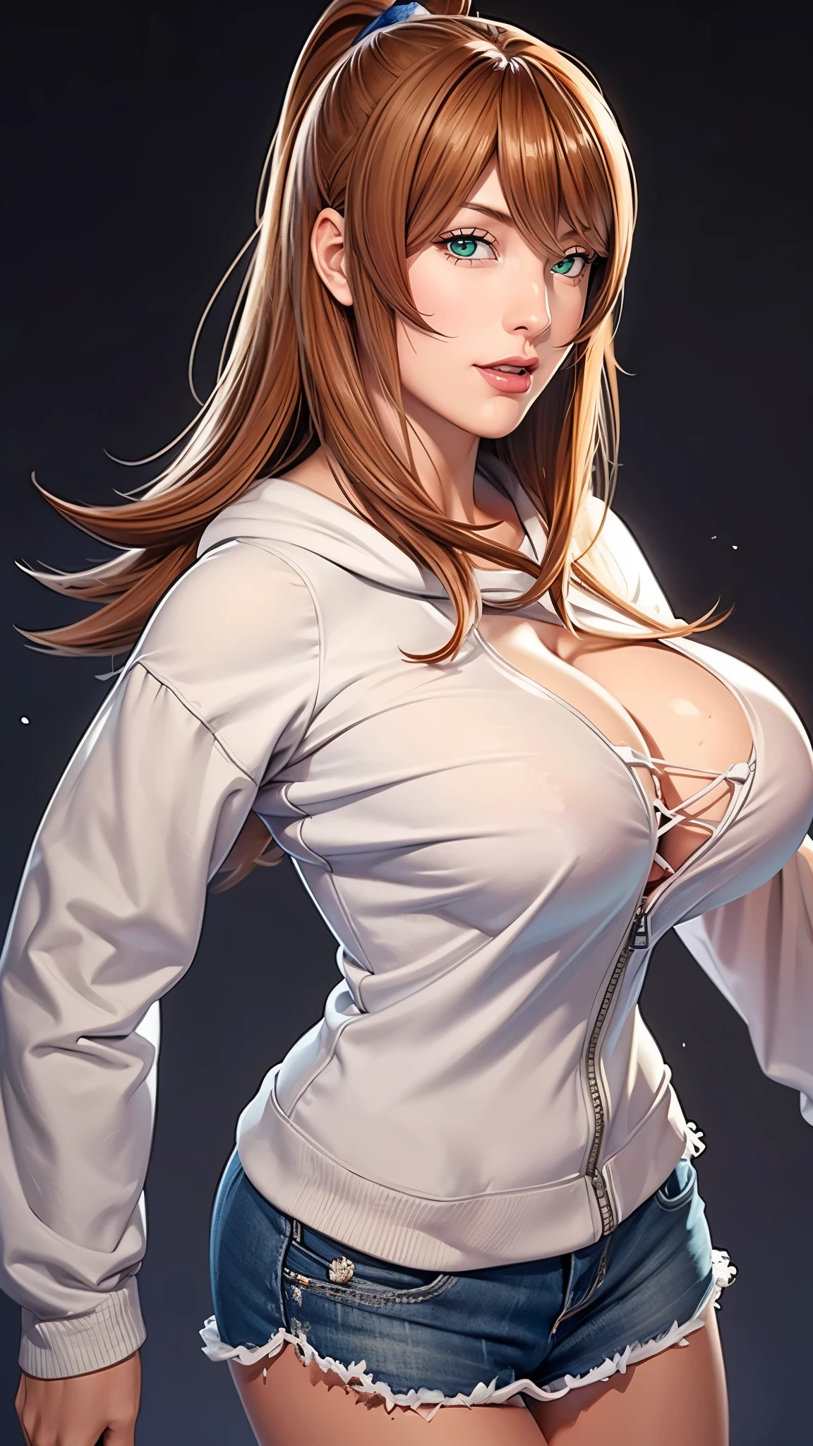 （（（完美figure，figure，solo， White and tender skin，（（（hoodie，wearing a hoodie））），（（（mei_terumi,long hair, brown hair, green eyes, hair over one eye, Red brown crossed long curly hair, right eye covered by hair, pink lips））），((masterpiece)),high resolution, ((Best quality at best))，masterpiece，quality，Best quality，（（（ Exquisite facial features，Looking at the audience,There is light in the eyes，(（（Smile，confidence)））)，））），型figure:1.7））），（（（Light and shadow，Huge breasts））），（（（Looking at the camera，black background，）））