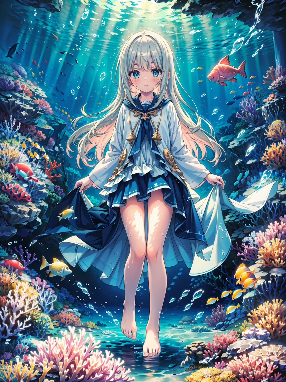 masterpiece, best quality, absurdres, 1girl, Deep under the sea, the white marble Greek temple, the brilliant stone avenue, a robed girl in it. fishs, coral, magical light, Tyndall light, in the water, under sea, under ocean, underwater