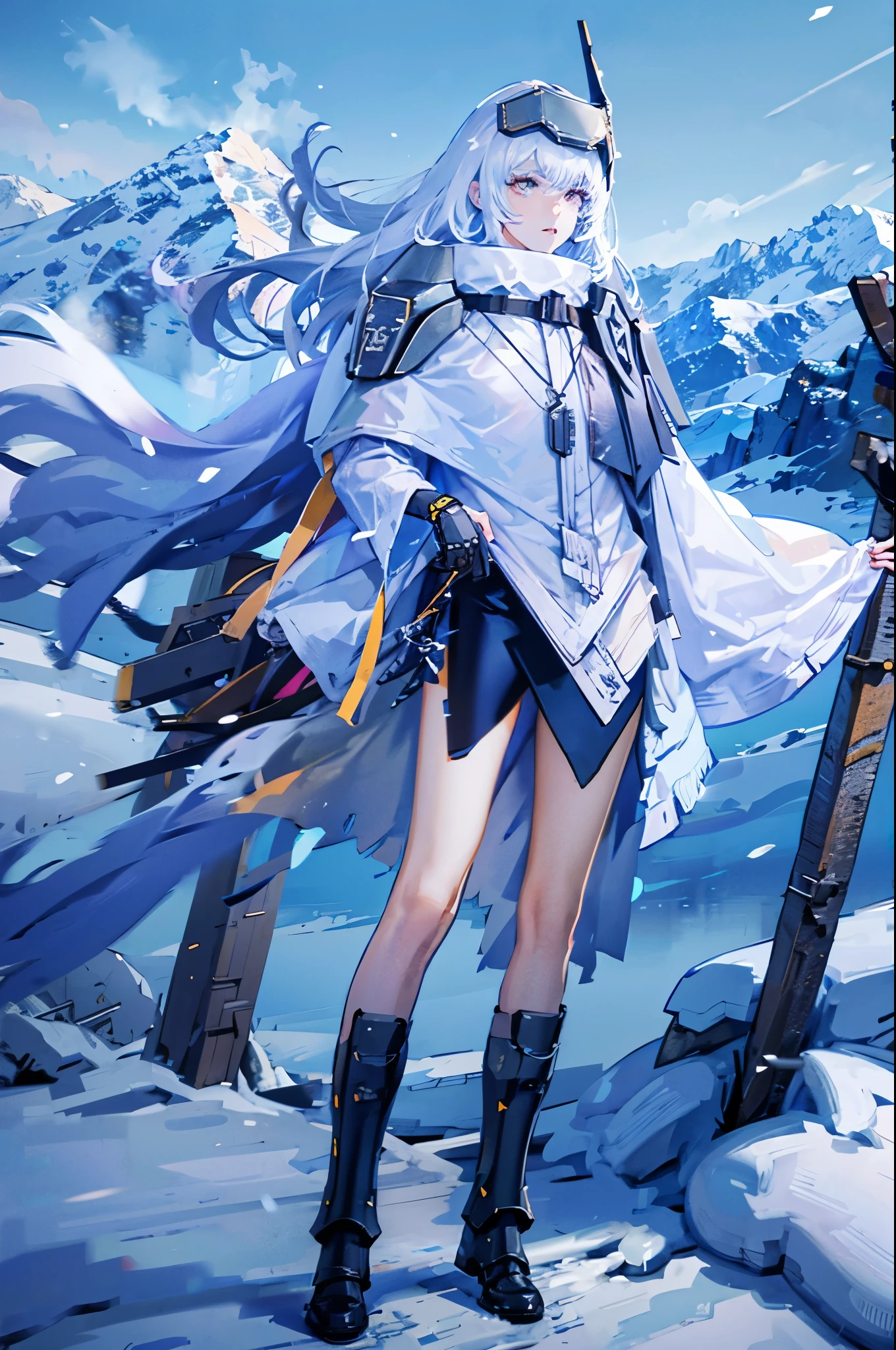 yellow eyes, white hair, long hair, headgear, mechanical boots, cloak, bare legs, single pauldron,Snowy mountains, nothing,1 people,blue atmosphere, blue sky