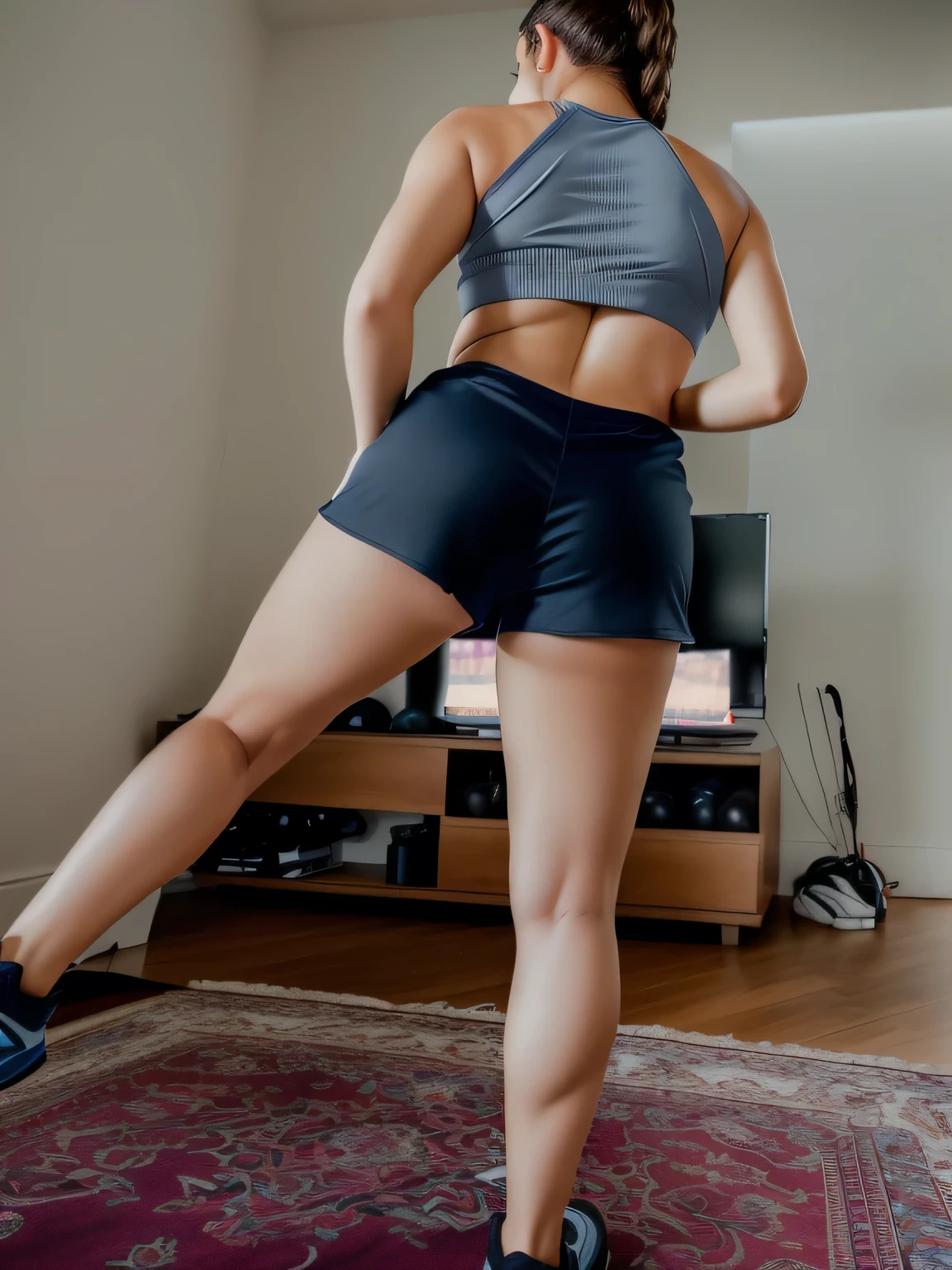 A beautiful light brunette woman in a sports bra and shorts standing in a living room in shorts, close-up of the back, view from the back, sports bra and dark blue shorts, view from the back, close-up of the back , very short pants, view from behind, photo from behind, views from behind, from the back, rear view, photo taken from the back, with tanned body, toned body, athletic body, ((((legs)))); sexy pose, extremely sexy, very sensual, shapely legs. She is about 36 years old, 1.62 tall, 60 kg, best quality, perfect face, perfect mouth, perfect hands, is standing, (full body) wearing a tank top (((grayish top))), blue shorts tight dark blue shorts (((dark blue shorts))), short blue shorts for gym training, well defined, her slightly plump and red lips look like a delicate flower. Slim body, slim waist. Her body exudes glamor and her face is the definition of beauty. Highly realistic, reddish skin, feeling of lightness and joy, hyper-realism, very elaborate skin. Sharp photo, high quality, high resolution (ultra quality masterpiece), Ultra HD, high contrast, 16K. Masterpiece: 1.3, high resolution, (photographically realistic), 8k, NUDE, NUDITY, NFSW.