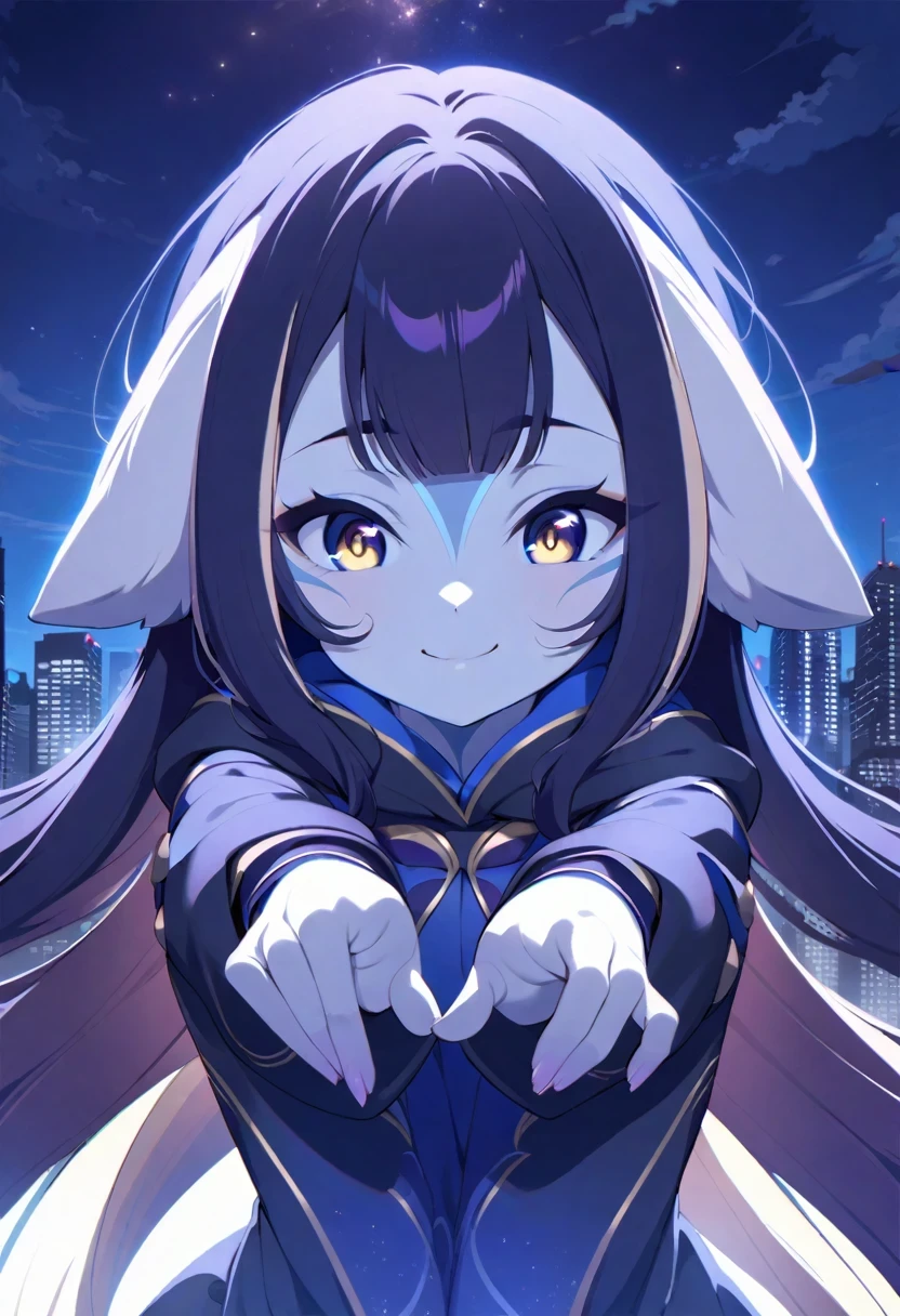 (shylily/(Twich/):1.5),(masterpiece:1.2),(best quality:1.2), A girl, Long hair, Has big, round eyes, like anime girl face, Smile, Beautiful fingers, White skin, Clear eyes，The universe seems to be expanding in the pupils, Wearing a large black hooded jacket, Strike a cute pose, Fly in the beautiful New York sky, Darkness andａThere is little light behind the growth, midnight, Beautiful night view of big city