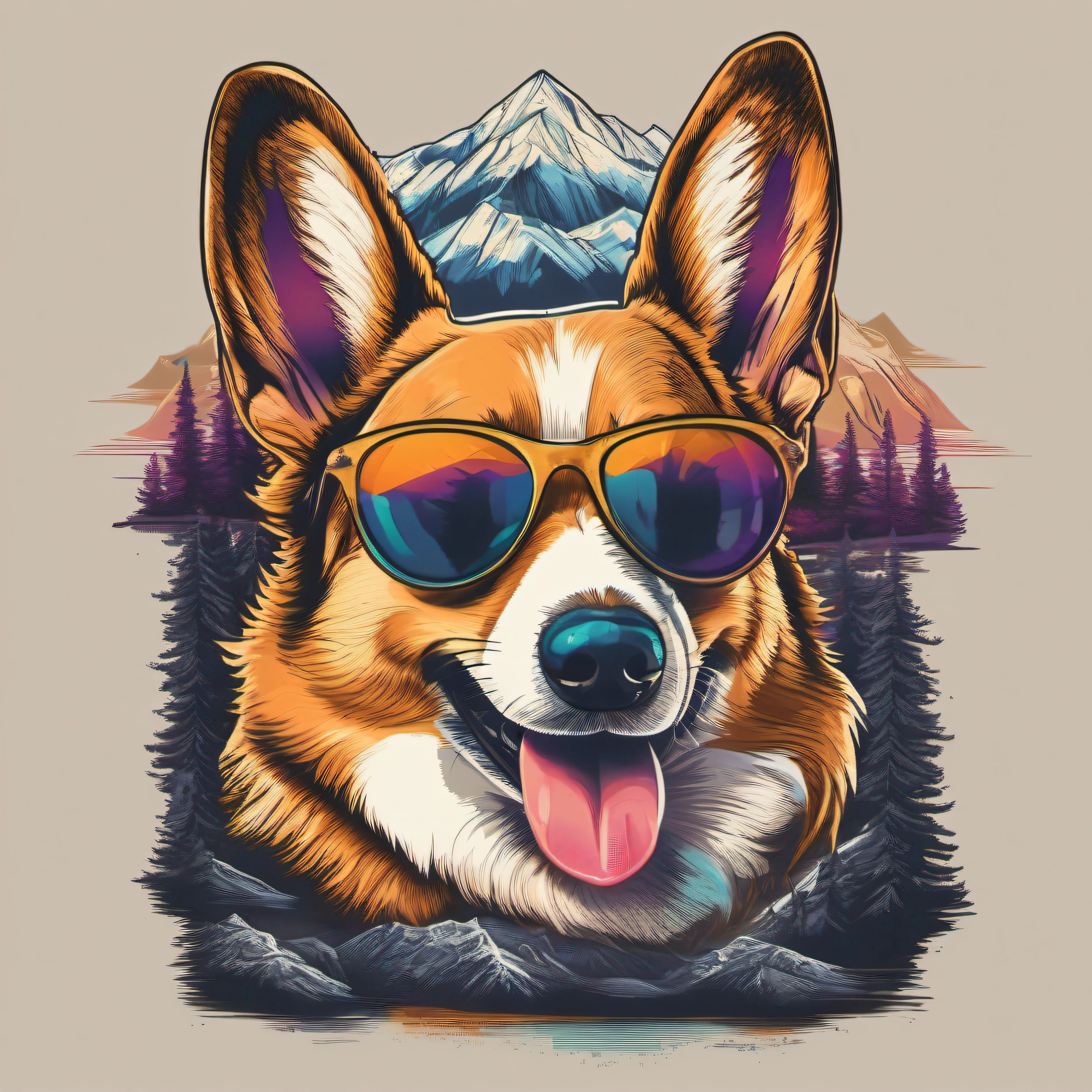 retro vector t-shirt logo design with a corgi, with sunglasses reflecting the rocky mountains, ultra hd, realista, cores vivas, Altamente detalhado, Desenho UHD, caneta e tinta, perfect composition, linda, detalhada, intrincada, insanamente detalhada, octane rendering trend in artstation, 8k art photography, photorealista concept art, soft natural volumetric cinematic perfect light