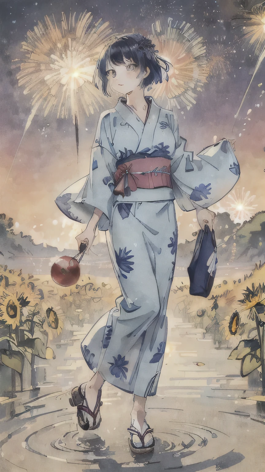 Contemporary Ukiyo-e Style, Delicate face, Short blue hair, Honey-colored eyes, Full body woman, young, Wearing a Japan yukata,  Have a water balloon，Feeling the joy of summer，dream-like, dynamic, Mysterious，Wearing a sunflower patterned yukata，The background is fireworks in the night sky.