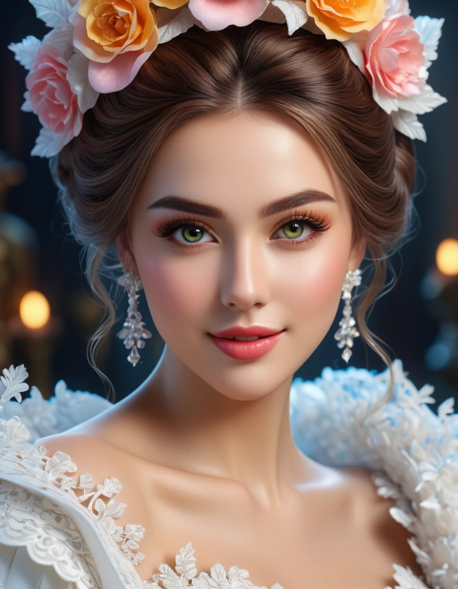 ultra high quality image, close-up, stunningly beautiful girl, long fluffy eyelashes, modern rococo style, with impressionistic softness, snow-white smile, bright colors, ambient lighting, clothes decorated with intricate lace and flowers reminiscent of the era, the scene exudes the highest quality , mutual love, 8k HDR Dolby Vision, digital art, ultra HD, realistic, vibrant colors, high detail, perfect composition, beautiful detailed intricate insanely detailed octane rendering, trending on artstation, 8k art photography, photorealistic concept art, soft natural 3D cinematic perfect light. Lots of details, intricate details, brilliant, magical, stunning, a work of art, a masterpiece.