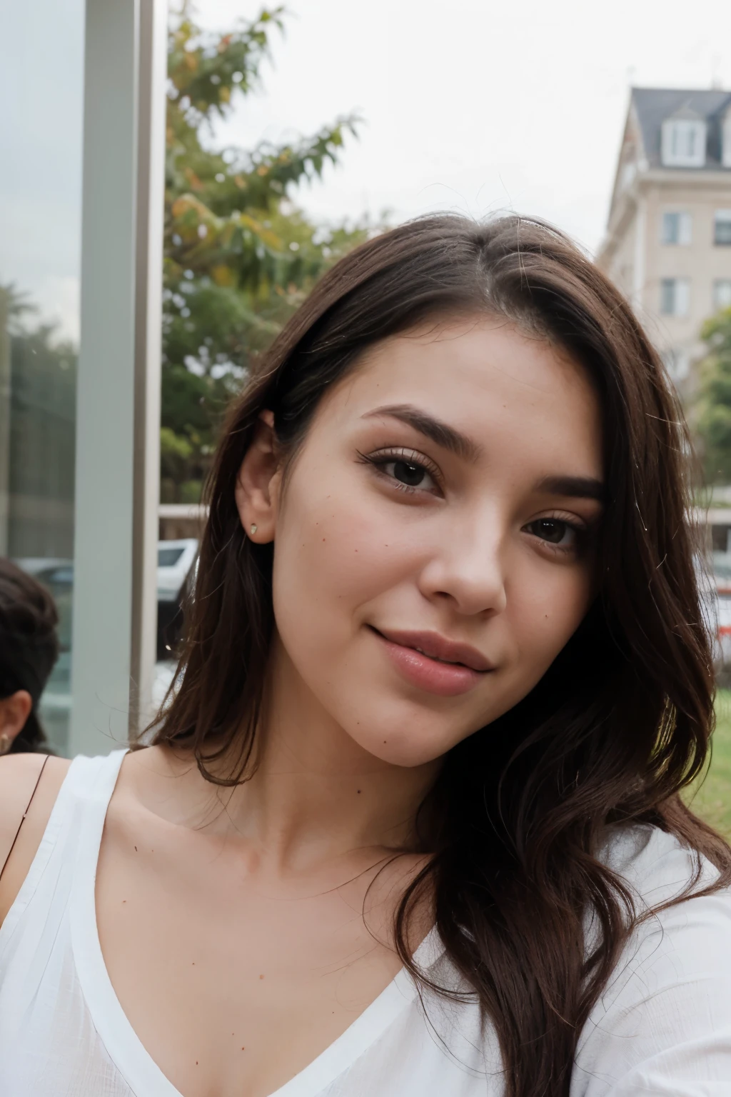 Please create a realistic image of a 23-year-old influencer. She has long, wavy black hair cascading elegantly over her shoulders. Her skin is brunette and radiant, with a gentle rosy hue on her cheeks, giving her a fresh and youthful appearance. She has perfect white teeth, highlighted by a dazzling smile. We would like the facial details to resemble those of influencer Kylie Jenner, capturing her distinctive beauty and style. Ensure that the created image is realistic and reflects the striking and charismatic presence of this young influencer. Additionally, she is posing in front of a tall, mirrored building, surrounded by trees, with people passing by in the background. melhor qualidade ultra realista