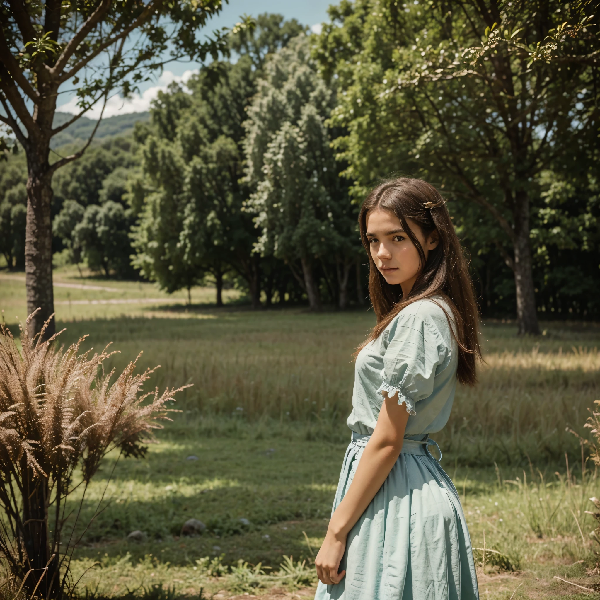 crie minha personagem chamada Hope Eamon. Uma adolescente de 18 anos. Tem pele branca, It's low, tem cabelo ruivo escuro e longo, olhos azuis, possui sardas. The landscape is of a field and behind it is a forest. His clothes are from the medieval era, She's a peasant girl