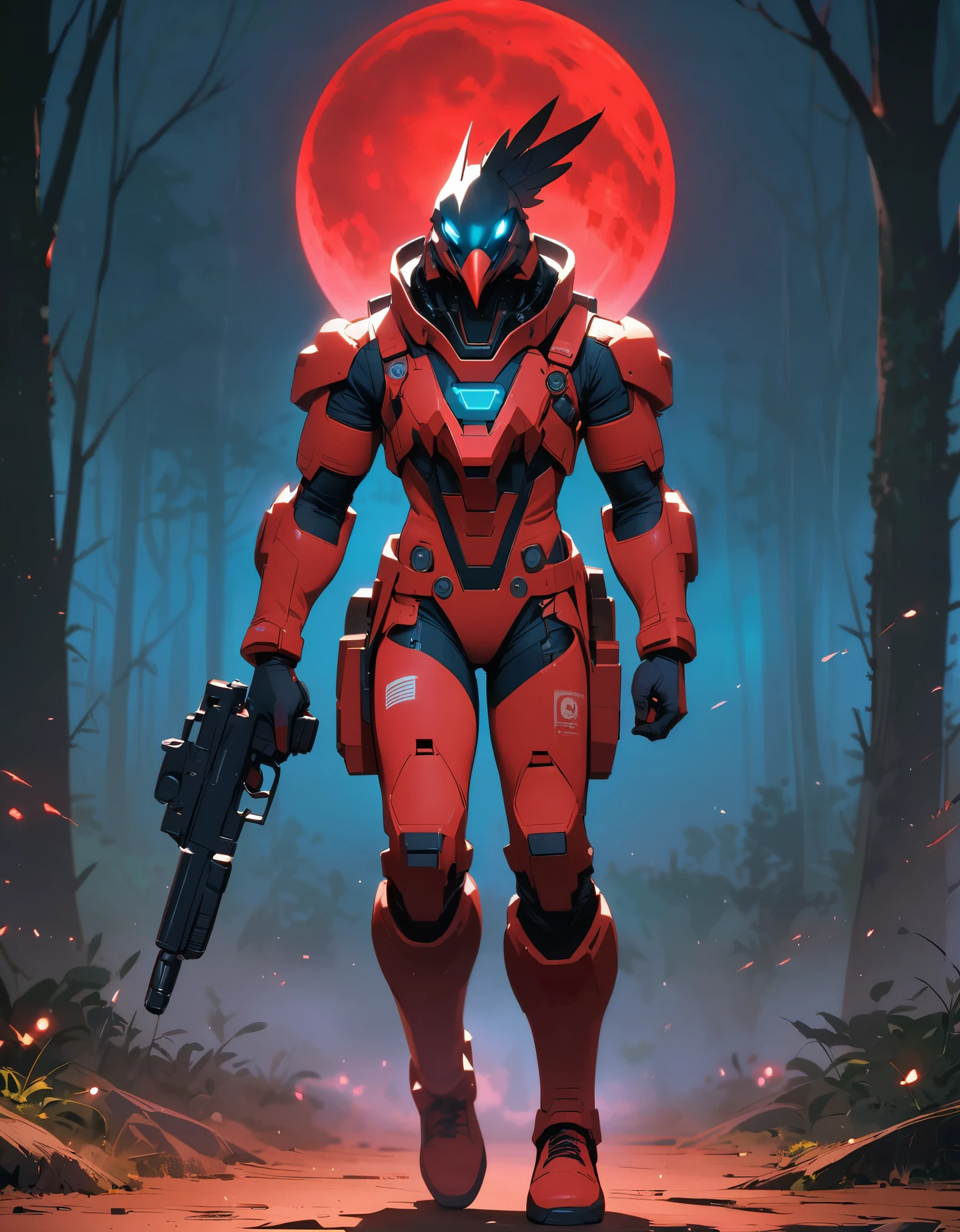 masterpiece, best quality, alien, (half-eagle, eagle's head), male focus, solo, solo focus, dynamic standing pose, beak, white with red accents cyperpunk spacesuit with matching gloves and boots, (holding a pistol, dl44blstr), night time, forest backdrop, red moon, science fiction, horror lighting, conscious pose