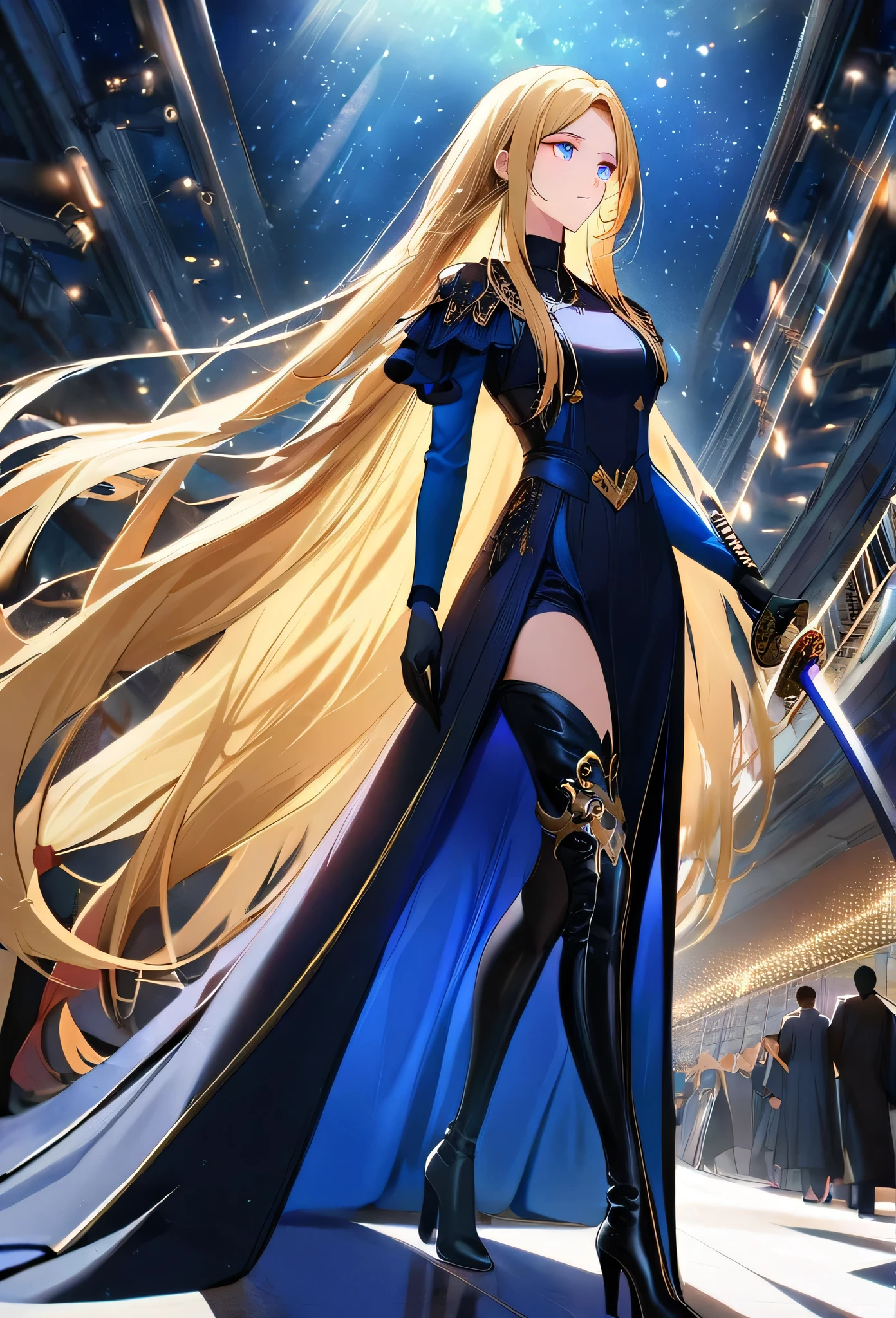 1 girl, ultra long hair, ultra detailed face, glowing lips, glowing blue eyes, very long ponytail, elegant walk, catwalk, holding down a giant katana, blonde, long eyelashes, long boots , looking to the sky, starry sky, a ultra giant katana