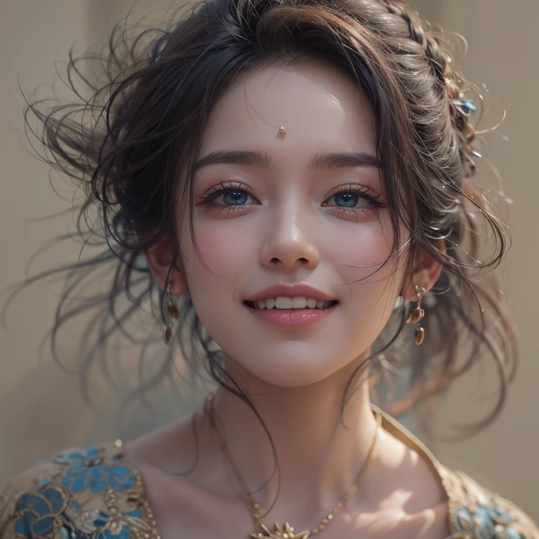 Ruined city、Hair flows、 ((highest quality、masterpiece、8k、best image quality、ultra high resolution、Award-winning work)、(close-up of woman's face:1.35)、(close-up of naked face:1.3)、(accurate anatomy:1.1)、(look at me and smile:1.1)、Shining fair skin with ultra high resolution、most detailed face、ultra high resolution detailed face、ultra high resolutionの髪の毛、(ultra high resolutionの煌めく瞳:1.1)、Beautiful face drawn in every detail、(blurred background:1.1)、ancient Islamic clothes, chest together, tattoo