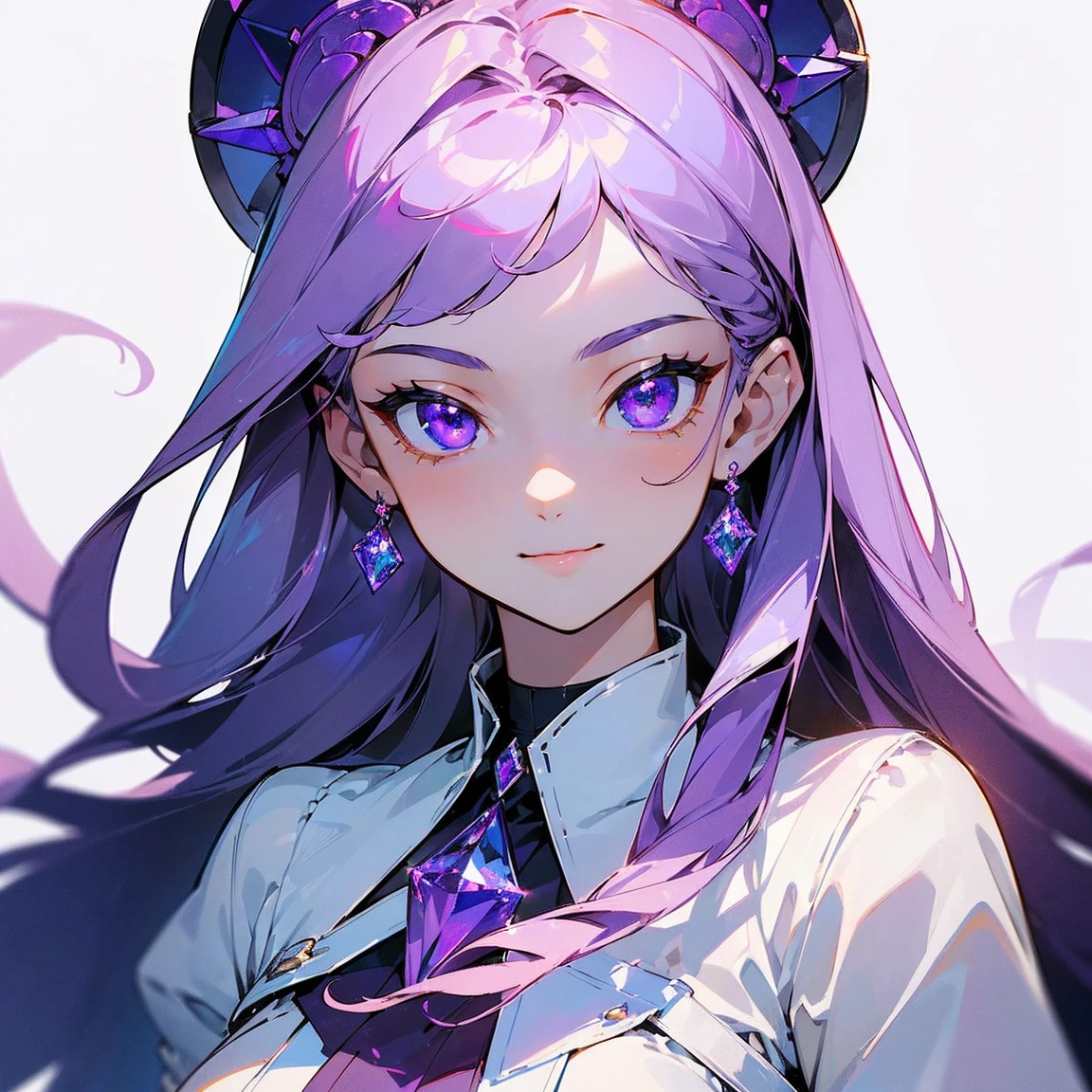 (masterpiece, top quality, best quality, official art, beautiful and aesthetic, absolutely-impressive-detail shadowing:1.2), 1 girl, Goddess, white skin, white blouse with dark purple details, cute, long silky smooth hair, periwinkle hair, very beautiful pretty face, sparkling nice detailed crystal clear purple eyes. (determined smile:1.2), (white background)