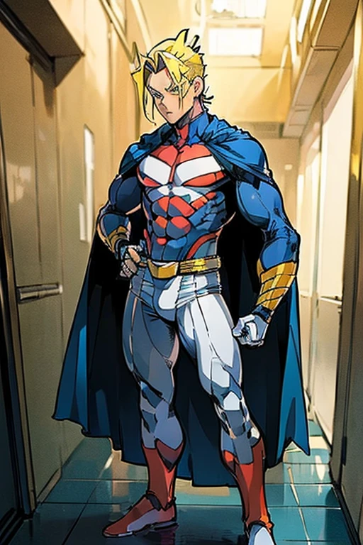 ((Masterpiece, Best Quality, 2d, anime)), (1 boy, Solo: 2) superhero white suit, blond, hands on hips, blue cape, allmight, hallway, front view,