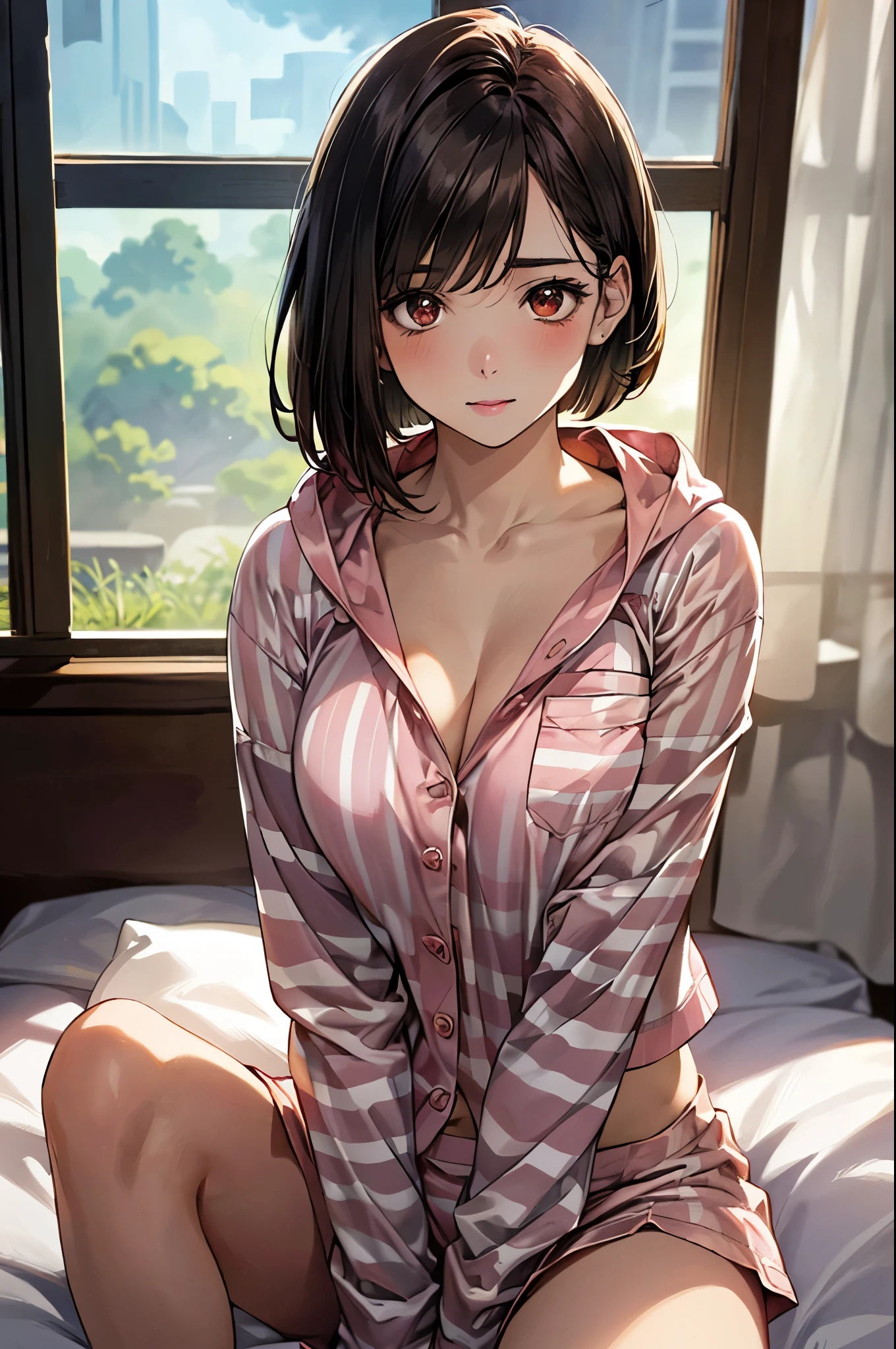 (masterpiece:1.3, top-quality, ultra high res, ultra detailed), (realistic, photorealistic:1.4), beautiful illustration, perfect lighting, natural lighting, colorful, depth of fields, surrealism,
beautiful detailed hair, beautiful detailed face, beautiful detailed eyes, beautiful clavicle, beautiful body, beautiful chest, beautiful thigh, beautiful legs, beautiful fingers, shiny skin, babyface,
looking at viewer, (face focus, upper body), 1 girl, japanese, high school girl, (perfect anatomy, anatomically correct, super detailed skin), cute and symmetrical face, perfect face, perfect eyes,
(middle hair, bob cut, straight hair, copper tone hair), swept bangs, brown eyes, drooping eyes, big eyes, long eyelashes, (large breasts:1.2, seductive thighs), slender, outstanding style,
((detailed cloth texture, closed clothes, pink striped hooded pajamas top, spink striped pajamas shorts)),
(beautiful scenery), night, in the dark, (bedroom, pillow, window, curtains), (sitting bed, hugging knees), (panicking),