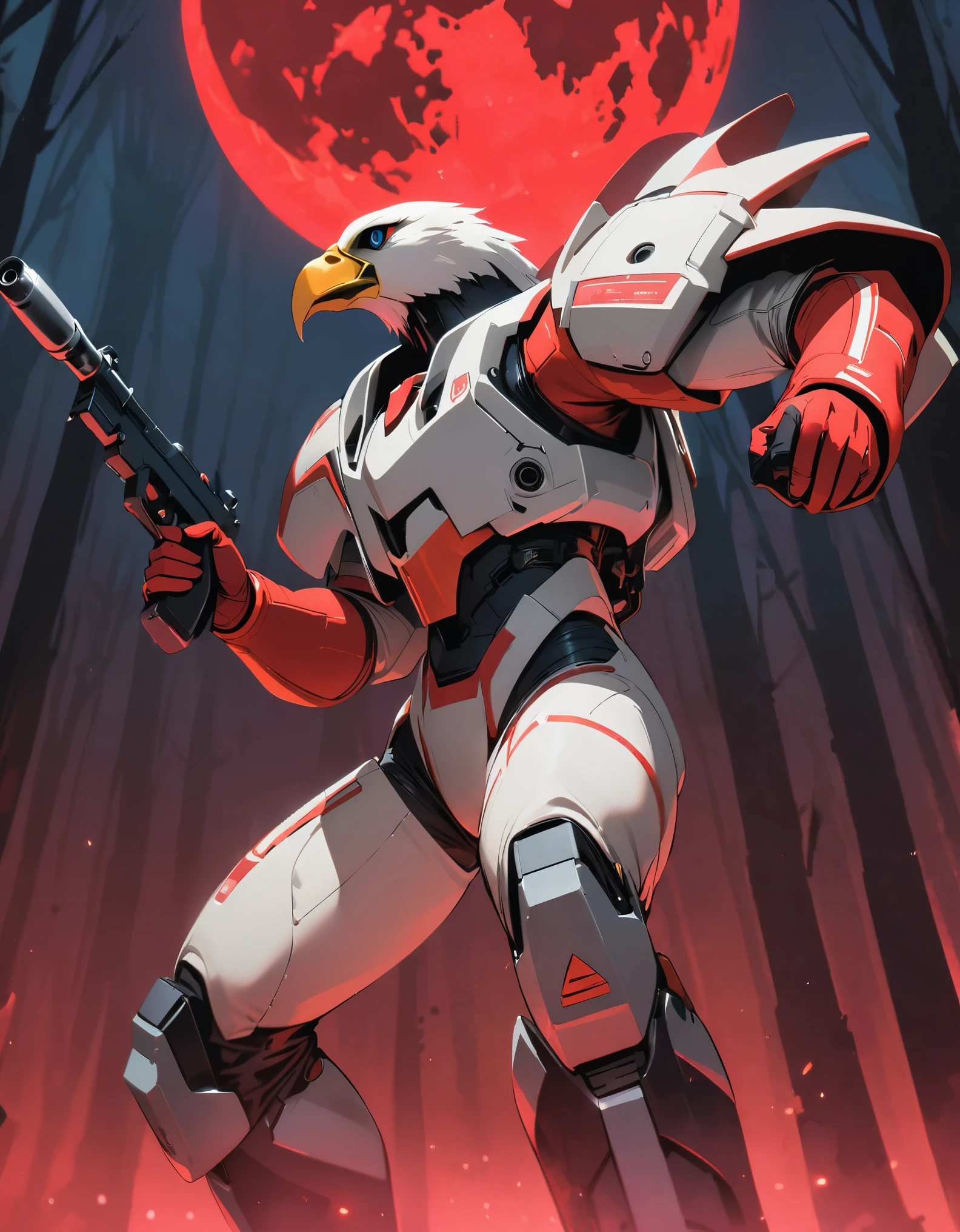 masterpiece, best quality, alien, (half-eagle, eagle's head), male focus, solo, solo focus, dynamic standing pose, beak, white with red accents cyperpunk spacesuit with matching gloves and boots, (holding a pistol, dl44blstr), night time, forest backdrop, red moon, science fiction, horror lighting, conscious pose