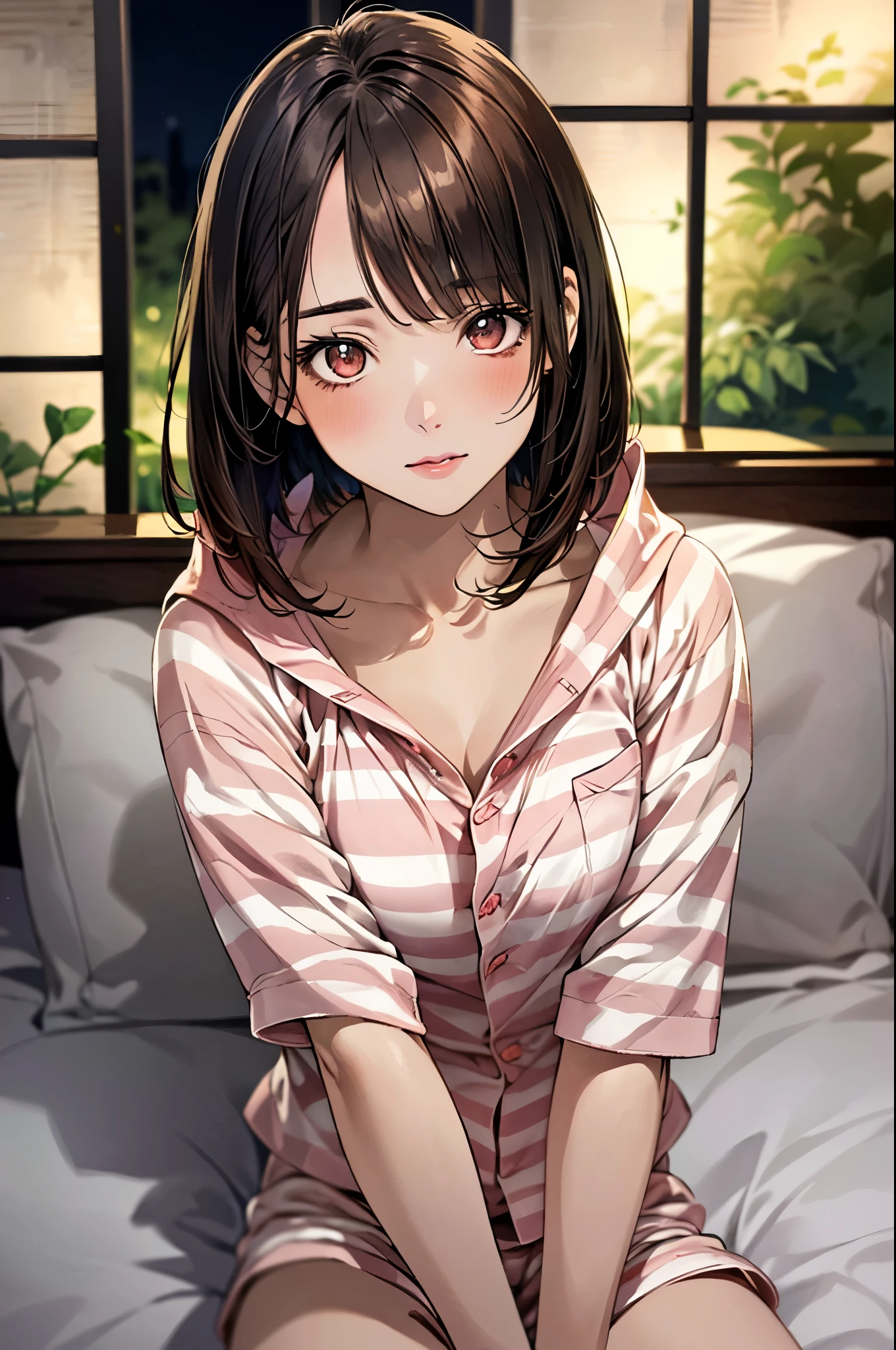 (masterpiece:1.3, top-quality, ultra high res, ultra detailed), (realistic, photorealistic:1.4), beautiful illustration, perfect lighting, natural lighting, colorful, depth of fields, surrealism, 
beautiful detailed hair, beautiful detailed face, beautiful detailed eyes, beautiful clavicle, beautiful body, beautiful chest, beautiful thigh, beautiful legs, beautiful fingers, shiny skin, babyface, 
looking at viewer, (face focus, upper body), 1 girl, japanese, high school girl, (perfect ???????, anatomically correct, super detailed skin), cute and symmetrical face, perfect face, perfect eyes, 
(middle hair, bob cut, straight hair, copper tone hair), swept bangs, brown eyes, drooping eyes, big eyes, long eyelashes, (large breasts:1.2, seductive thighs), slender, outstanding style, 
((detailed cloth texture, closed clothes, pink striped hooded pajamas top, spink striped pajamas shorts)), 
(beautiful scenery), evening, (living room), sitting sofa, (oarange cushion hug), (lovely smile:1.2, upper eyes, parted lips),