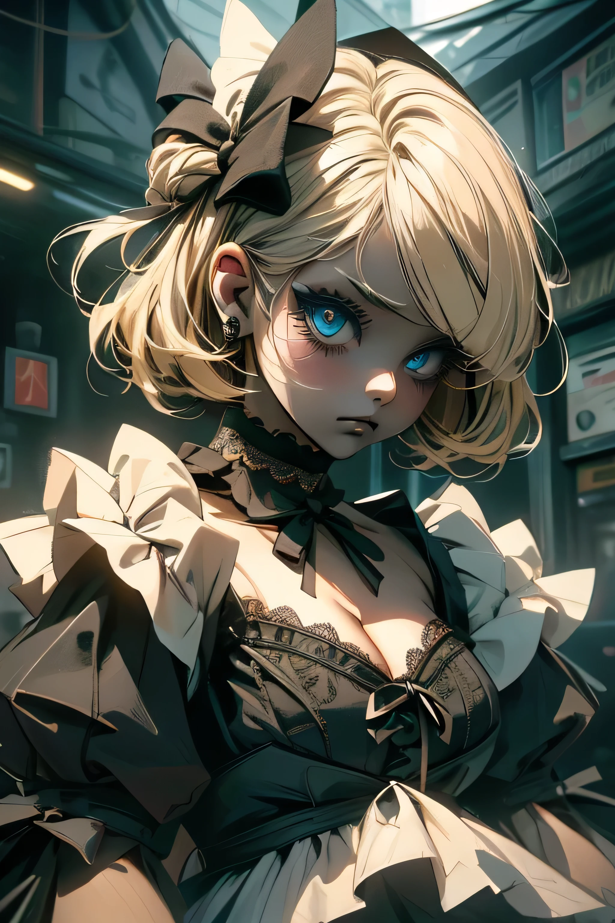 (masterpiece:1.2), (highest quality:1.2), Perfect Eyes, Perfect Face, Perfect lighting, One girl,bob, Complicated hairstyle, compensate, Black Lips, Thick eyelashes, sad, melancholy, Dressed as a goth girl, Black and white dress, Frills, ribbon, Puffy sleeves, Exposing shoulders, Lace choker, Beautiful Landscape,skirt lift,from below,Blonde Hair,Assault rifle,doll,doll,doll,(large breasts)