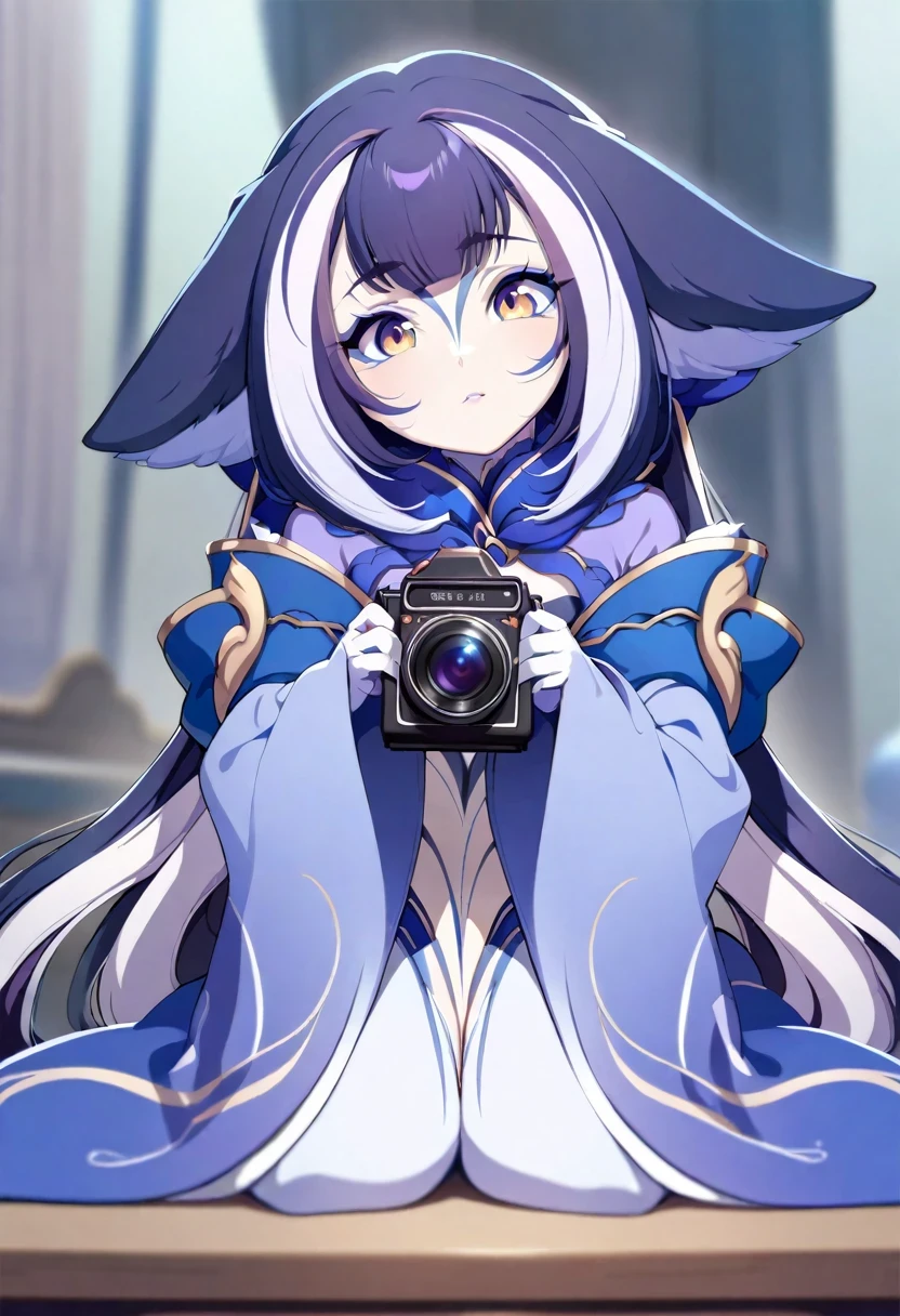 (shylily/(Twich/):1.5),(masterpiece:1.2),(best quality:1.2),absurd, high resolution, (anime style:1.1), ((On the table)), ((best quality)), (Super detailed), (fair),fair face、(Lift),long、big eyes, Dense Line, Blending Mode,Lovely,1. Gothic, Mode Extension、Lovely Ribbon、Purple jumpsuit、Simple background、Background gray、1 Girl、Purple mining suit、Lovely dress、Dress with a big pink ribbon、Pink Ribbon Dress,(Upper part of the body、、Gossich、medium format film camera, Natural blurred background,、Place your hands behind your body