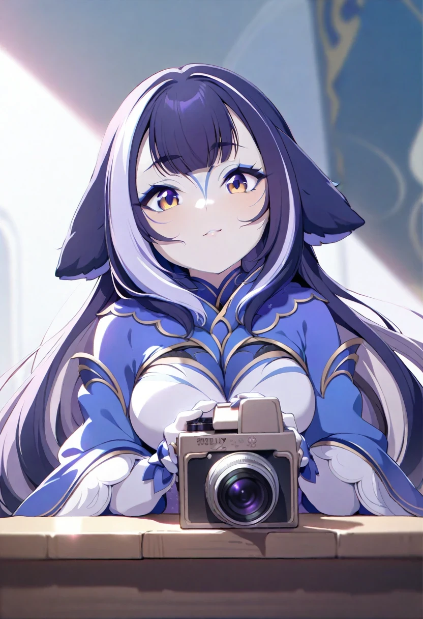(shylily/(Twich/):1.5),(masterpiece:1.2),(best quality:1.2),absurd, high resolution, (anime style:1.1), ((On the table)), ((best quality)), (Super detailed), (fair),fair face、(Lift),long、big eyes, Dense Line, Blending Mode,Lovely,1. Gothic, Mode Extension、Lovely Ribbon、Purple jumpsuit、Simple background、Background gray、1 Girl、Purple mining suit、Lovely dress、Dress with a big pink ribbon、Pink Ribbon Dress,(Upper part of the body、、Gossich、medium format film camera, Natural blurred background,、Place your hands behind your body