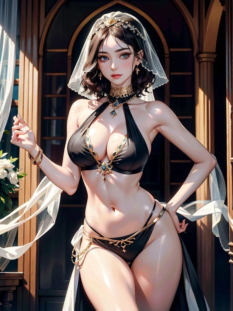 absurdres, RAW photo, extremely delicate and beautiful, masterpiece, Best Quality, ultra high resolution, 32k, hyperrealistic, ultra-detailed, perfect anatomy, anatomically correct, perfect figure, super Detailed skin, pale skin, 20 years old, very Slim body, narrow waist, very small head, very small face, delicate facial features, detailed face, detailed eyes, tearful mole, earring, thin legs, bare legs, ((very huge round breasts)), short medium hair, ((wavy hair)), wet clothes, ((Belly dancer costume)), ((mouth veil)), anklet,