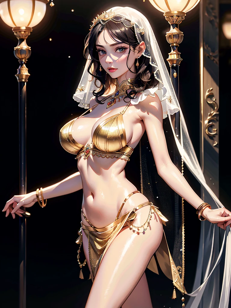absurdres, RAW photo, extremely delicate and beautiful, masterpiece, Best Quality, ultra high resolution, 32k, hyperrealistic, ultra-detailed, perfect anatomy, anatomically correct, perfect figure, super Detailed skin, pale skin, 20 years old, very Slim body, narrow waist, very small head, very small face, delicate facial features, detailed face, detailed eyes, tearful mole, earring, thin legs, bare legs, ((very huge round breasts)), short medium hair, ((wavy hair)), wet clothes, ((Belly dancer costume)), ((mouth veil)), anklet,