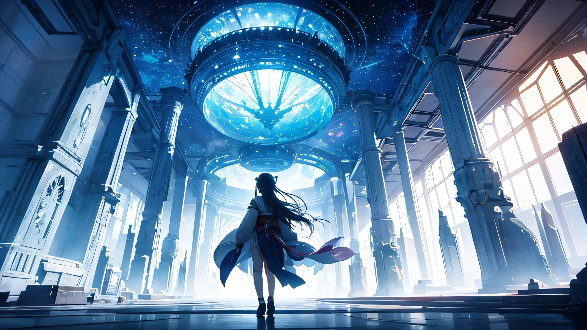 Very large space, large crystal, mysterious, fantasy, near future, science fiction, beautiful girl, alone, distant view, Japanese anime style