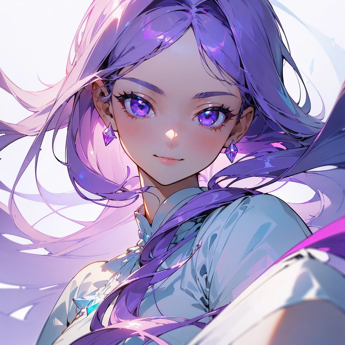 (masterpiece, top quality, best quality, official art, beautiful and aesthetic, absolutely-impressive-detail shadowing:1.2), 1 girl, Goddess, white skin, white blouse with dark purple details, cute, long silky smooth hair, periwinkle hair, very beautiful pretty face, sparkling nice detailed crystal clear purple eyes. (very determined, determined smile:1.2), (white background)