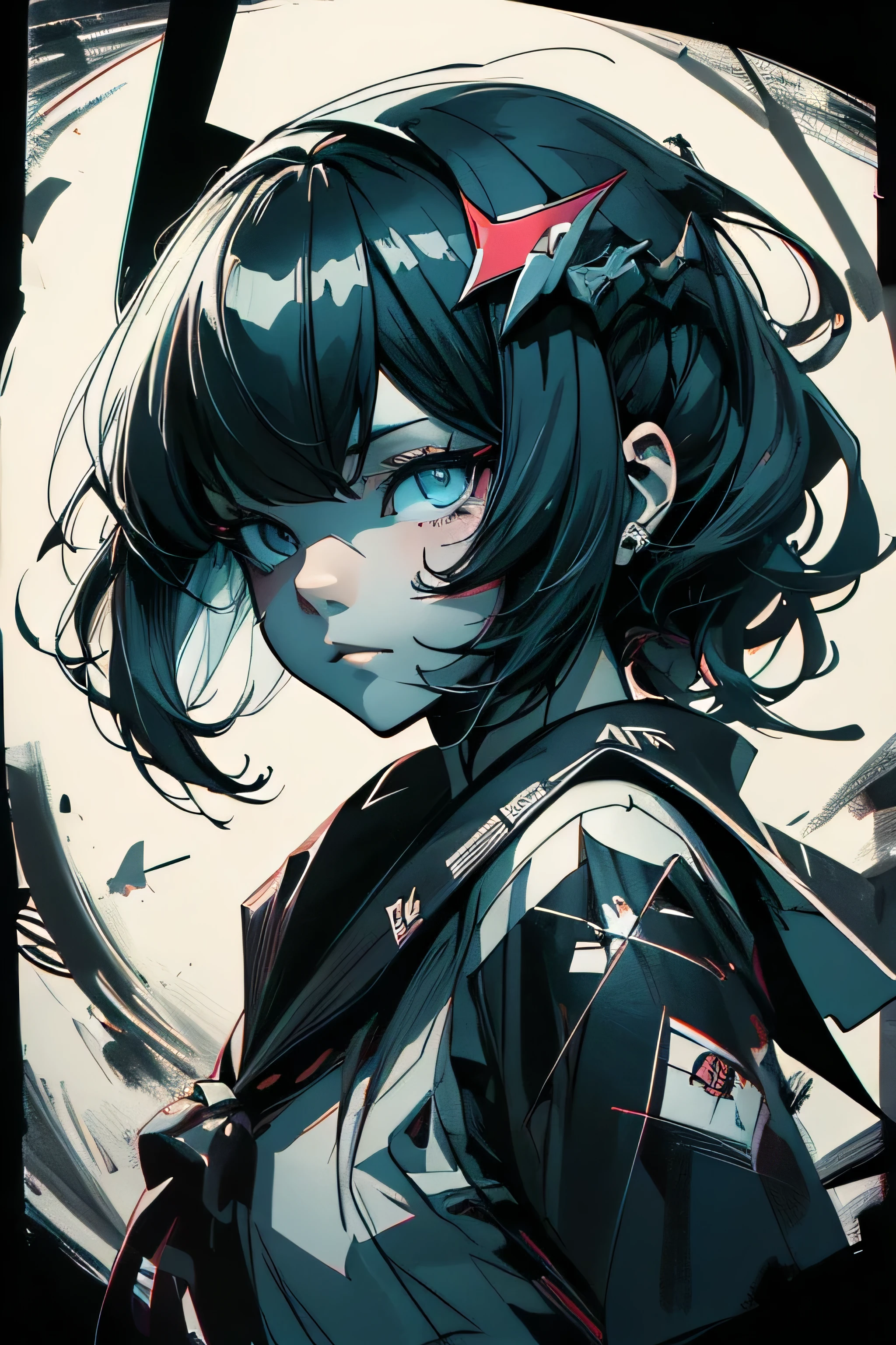 v5lcn style,ink art,(Best Quality,masutepiece:1.2),(black and white comic core:1.1),(extreme high contrast),Dark ink,1girl in,A dark-haired,Shadow on face、8K,resolution,High School Girl,Sailor ,