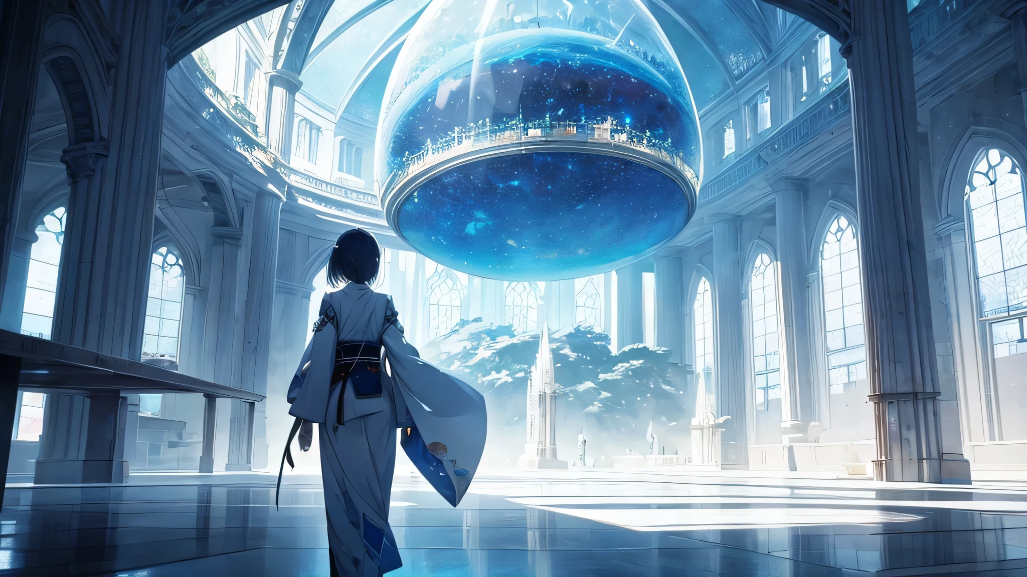 Very large space, large crystal, marble, transparency, mysterious, fantasy, near future, science fiction, beautiful girl, alone, distant view, Japanese anime style